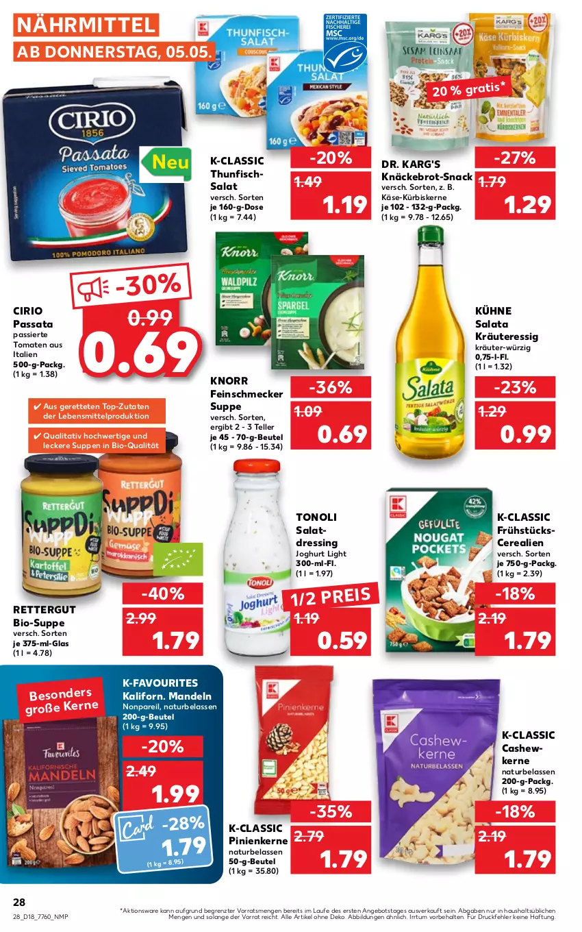 Aktueller Prospekt Kaufland - von 05.05 bis 11.05.2022 - strona 28 - produkty: angebot, beutel, bio, brot, Cashew, cashewkerne, cerealien, cirio, dressing, eis, elle, essig, feinschmecker, fisch, joghur, joghurt, Käse, knäckebrot, knorr, kräuter, Kühne, Kürbis, kürbiskerne, lebensmittel, mandel, mandeln, natur, pinienkerne, reis, salat, salatdressing, snack, suppe, suppen, teller, thunfisch, Thunfischsalat, Ti, tomate, tomaten, ZTE