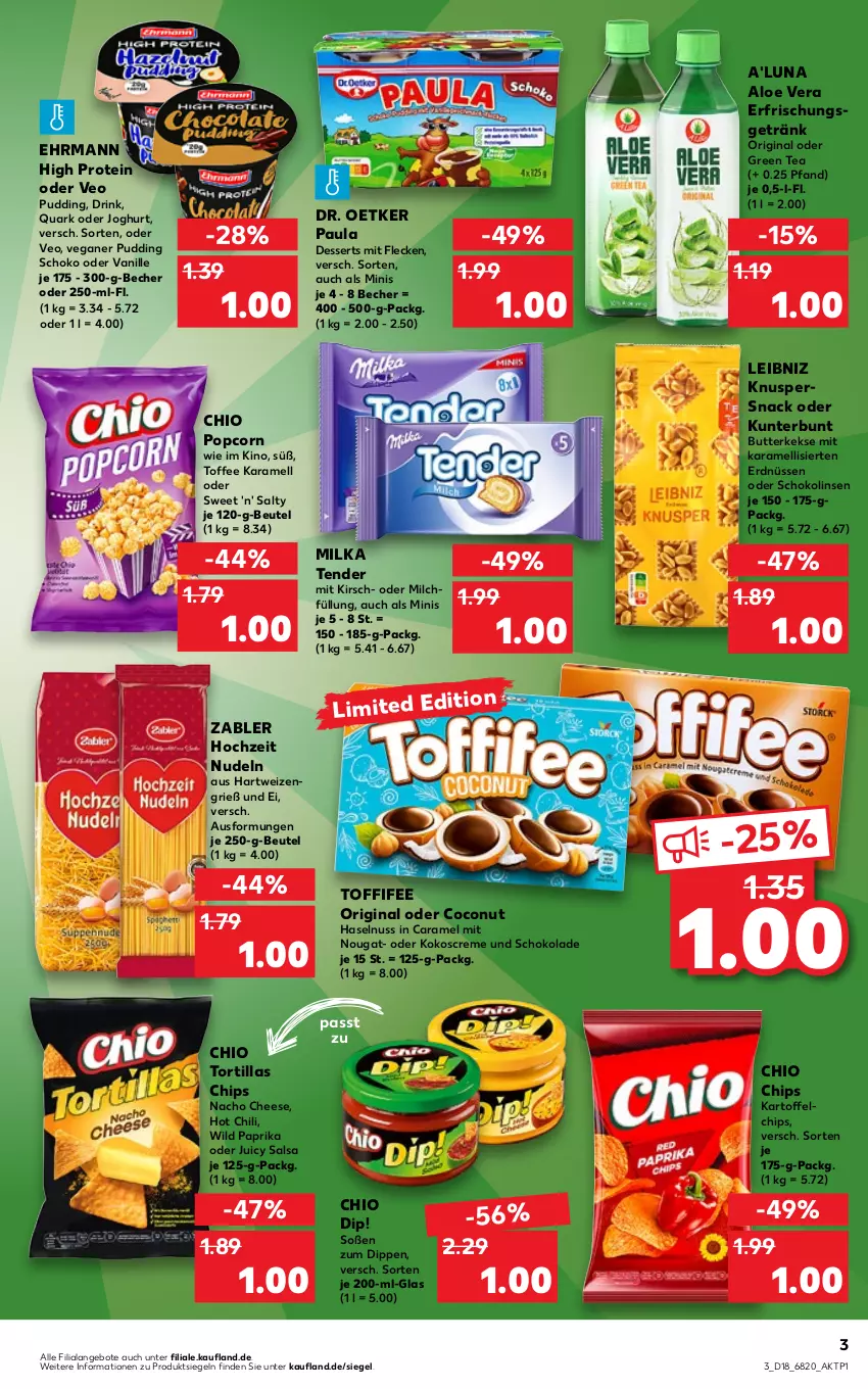 Aktueller Prospekt Kaufland - von 05.05 bis 11.05.2022 - strona 3 - produkty: aloe vera, angebot, angebote, Becher, beutel, butter, butterkeks, caramel, chili, chio chips, chips, coconut, creme, dessert, desserts, dip, Dr. Oetker, drink, ehrmann, erdnüsse, erdnüssen, getränk, gin, green tea, hartweizen, haselnuss, Hochzeit Nudeln, hot chili, joghur, joghurt, karamell, kartoffel, kartoffelchips, keks, kekse, kirsch, kokos, leibniz, linsen, milch, milka, nacho, nacho cheese, nudel, nudeln, nuss, paprika, Paula, popcorn, pudding, quark, Salsa, schoko, schokolade, Schokolinsen, snack, Soße, tender, Ti, toffifee, tortilla, tortillas, vanille, Wild, wild paprika, Zabler