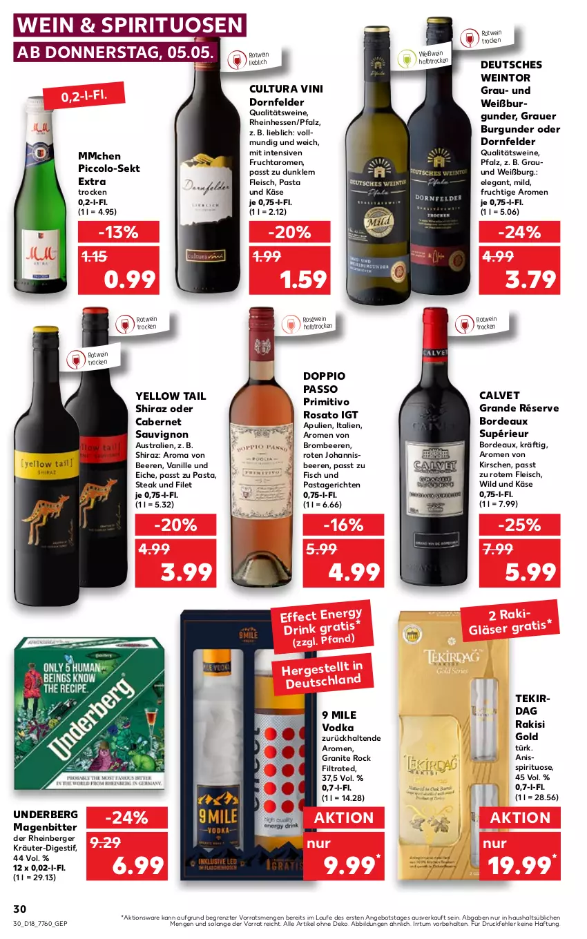 Aktueller Prospekt Kaufland - von 05.05 bis 11.05.2022 - strona 30 - produkty: angebot, auer, aust, beere, beeren, Berger, brombeere, brombeeren, burgunder, cabernet, cabernet sauvignon, doppio passo, dornfelder, Effect, eis, filet, fisch, fleisch, frucht, Gläser, grauer burgunder, Käse, kirsch, kirsche, kirschen, kräuter, passo, pasta, Pastagericht, primitivo, qualitätswein, qualitätsweine, rosato, roséwein, rotwein, sauvignon, sekt, spirituosen, steak, Ti, underberg, vanille, vodka, wein, weine, Weißwein, Wild, yellow tail, ZTE