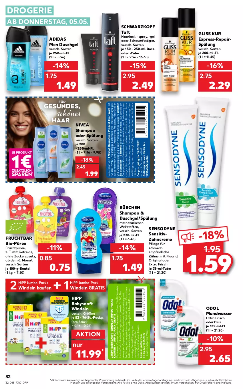 Aktueller Prospekt Kaufland - von 05.05 bis 11.05.2022 - strona 32 - produkty: Adidas, aktionspreis, angebot, arla, beutel, bio, Brei, bübchen, coupon, coupons, creme, duschgel, eis, frucht, gin, gliss, gliss kur, Haarlack, haarpflege, hipp, jumbo, lack, mundwasser, nivea, oder schaumfestiger, Odol, püree, reis, schaumfestiger, schwarzkop, schwarzkopf, sensodyne, shampoo, shampoo oder spülung, spülung, Taft, Ti, Trockenshampoo, wasser, windeln, zahncreme, ZTE, zucker