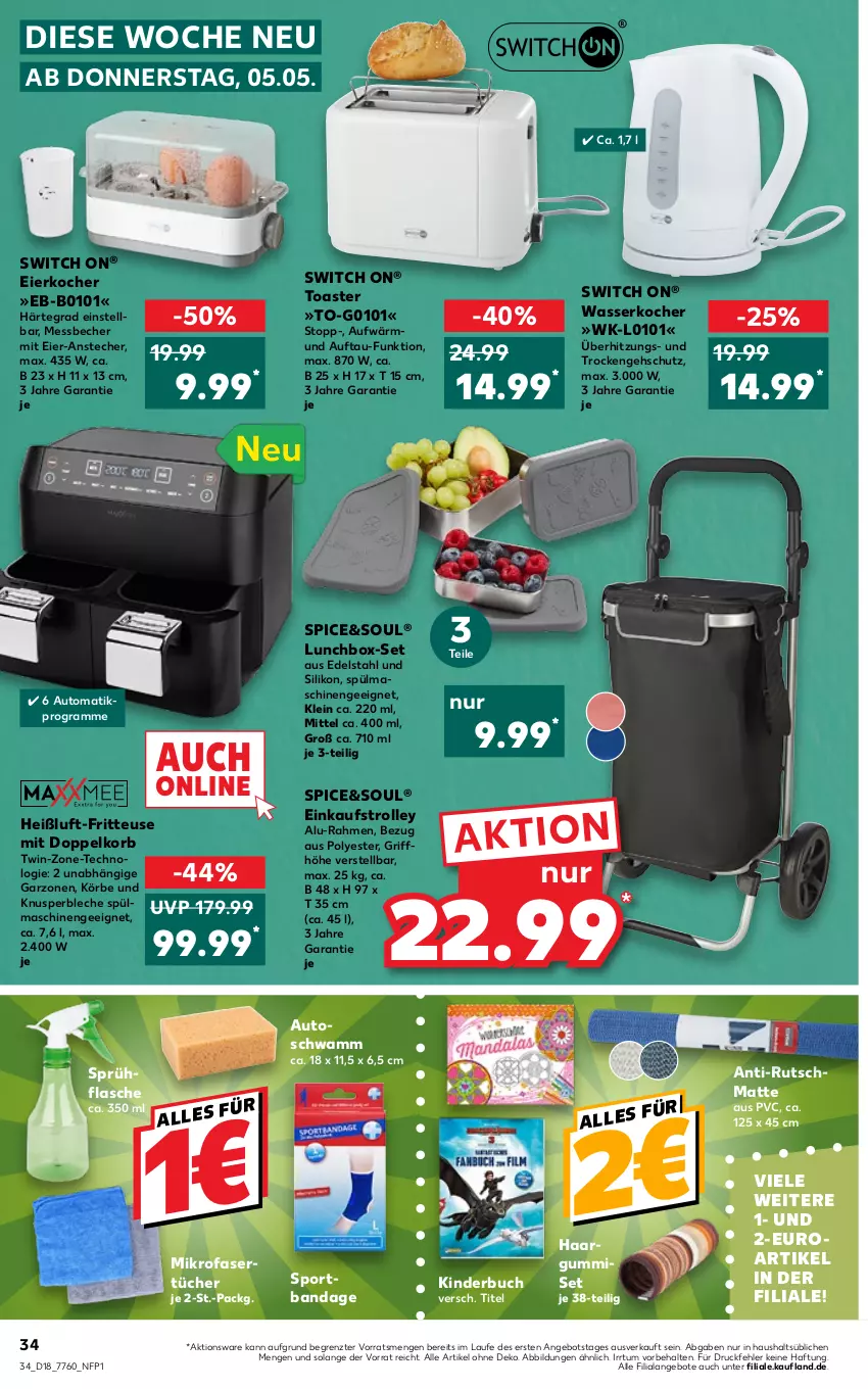 Aktueller Prospekt Kaufland - von 05.05 bis 11.05.2022 - strona 34 - produkty: angebot, angebote, auto, Becher, buch, edelstahl, eier, Eierkocher, flasche, fritteuse, Kinder, Kinderbuch, Kocher, korb, lunchbox, Messbecher, mikrofaser, Mikrofasertücher, schwamm, Sport, sprühflasche, spülmaschinen, Ti, toast, toaster, trolley, tücher, wasser, wasserkocher, ZTE