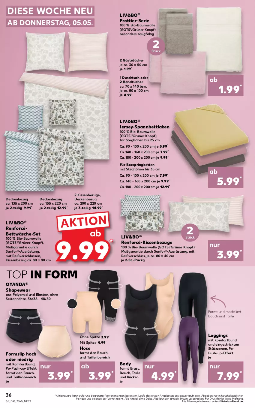 Aktueller Prospekt Kaufland - von 05.05 bis 11.05.2022 - strona 36 - produkty: angebot, angebote, Bau, baumwolle, bett, Betten, bettwäsche, bio, bio-baumwolle, body, boxspringbett, decke, dell, duschtuch, Gästetücher, gin, handtücher, hose, kissen, Kissenbezug, leggings, Mode, Push-up, ring, slip, spannbettlaken, Ti, tuc, tücher, wolle, ZTE