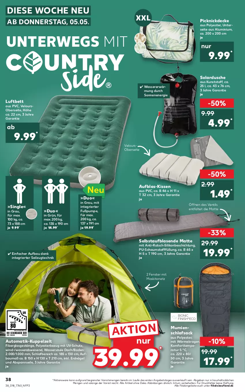 Aktueller Prospekt Kaufland - von 05.05 bis 11.05.2022 - strona 38 - produkty: angebot, angebote, auto, Bau, bett, decke, dusche, eis, fenster, kissen, Kuppelzelt, luftbett, moskitonetz, picknickdecke, rwe, sac, schlafsack, Ti, uv-schutz, wasser, Zelt, ZTE