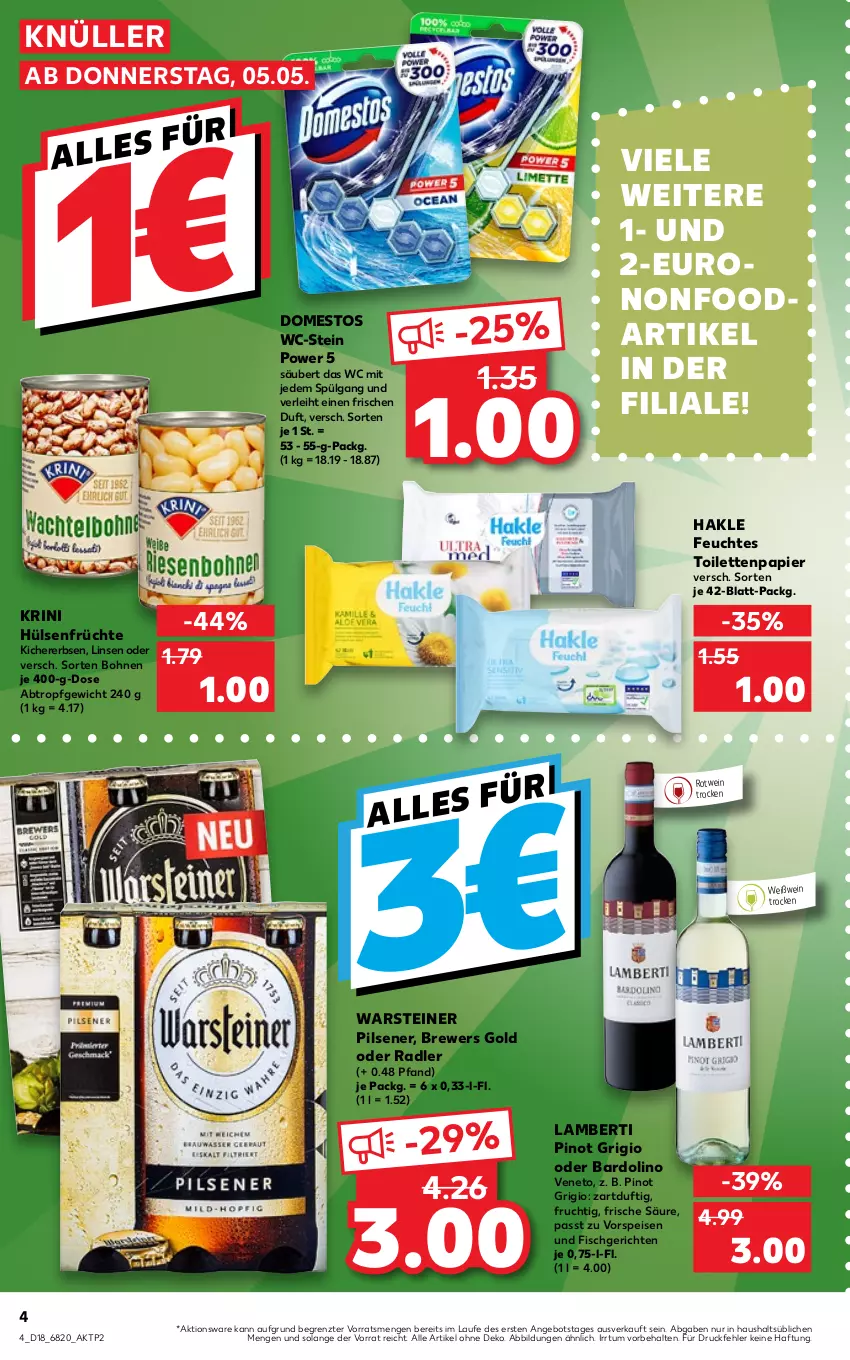 Aktueller Prospekt Kaufland - von 05.05 bis 11.05.2022 - strona 4 - produkty: Amber, angebot, bohne, bohnen, domestos, eis, erbsen, feuchtes toilettenpapier, fisch, frucht, früchte, hakle, hülsenfrüchte, kichererbsen, LG, linsen, oder radler, papier, pils, pilsener, Pinot, pinot grigio, radler, rotwein, senf, sim, steiner, Ti, toilettenpapier, vorspeise, warsteiner, wein, Weißwein, ZTE