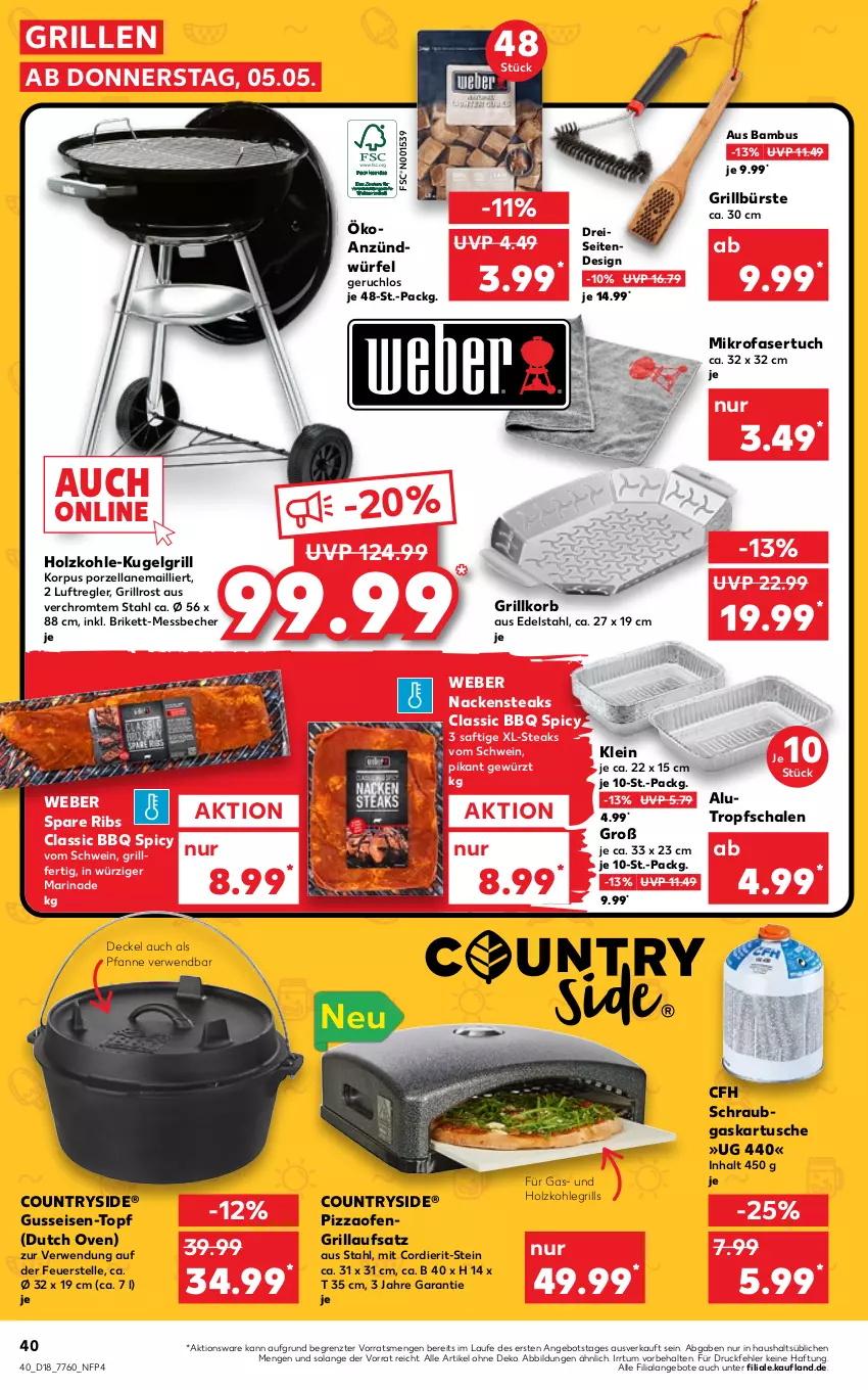 Aktueller Prospekt Kaufland - von 05.05 bis 11.05.2022 - strona 40 - produkty: angebot, angebote, bambus, Becher, bürste, decke, Deckel, edelstahl, eis, elle, gewürz, grill, grillrost, Holz, holzkohle, holzkohlegrill, Kohlegrill, korb, Kugel, kugelgrill, LG, marinade, Messbecher, mikrofaser, Nackensteak, nackensteaks, Ofen, pfanne, pizza, Pizzaofen, reis, rwe, saft, Schal, Schale, schwein, spare ribs, steak, steaks, Ti, topf, tuc, weber, wein, würfel, ZTE