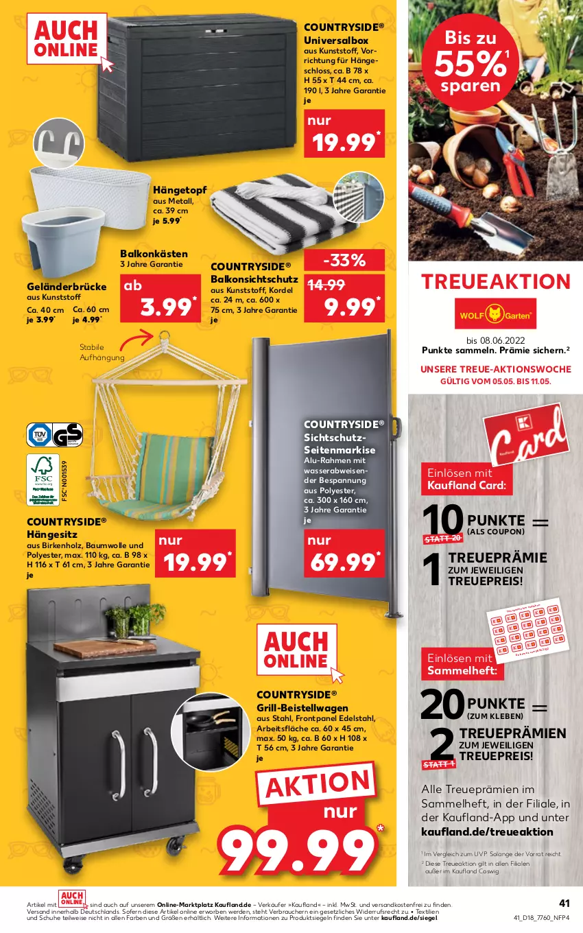 Aktueller Prospekt Kaufland - von 05.05 bis 11.05.2022 - strona 41 - produkty: auer, auto, Bau, baumwolle, bio, Brei, coupon, edelstahl, eier, eis, elle, erde, grill, gutschein, Hängetopf, Holz, kraft, messer, ndk, rasen, Rauch, reis, ring, rwe, schuhe, Seitenmarkise, Ti, tisch, topf, versandkostenfrei, wasser, wolle