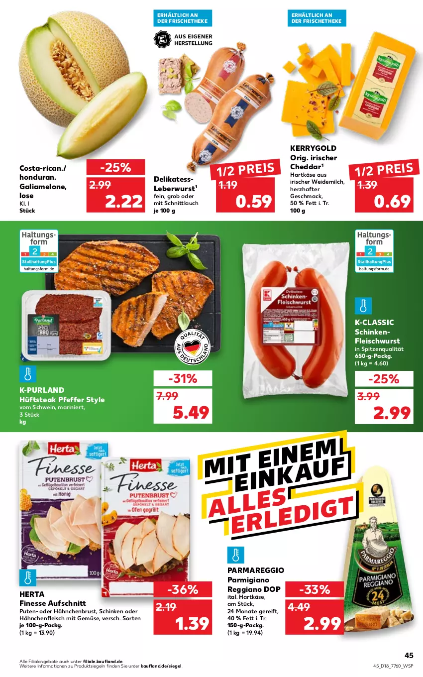 Aktueller Prospekt Kaufland - von 05.05 bis 11.05.2022 - strona 45 - produkty: angebot, angebote, aufschnitt, cheddar, eis, finesse, fleisch, fleischwurst, galiamelone, hähnchenbrust, Hähnchenfleisch, hartkäse, herta, herta finesse, hüftsteak, Käse, kerrygold, leberwurst, mac, melone, milch, mit gemüse, parmigiano, parmigiano reggiano, pfeffer, purland, pute, reggiano, reis, schinken, schinkenfleischwurst, schnittlauch, schwein, spitzenqualität, steak, Ti, weidemilch, wein, wurst