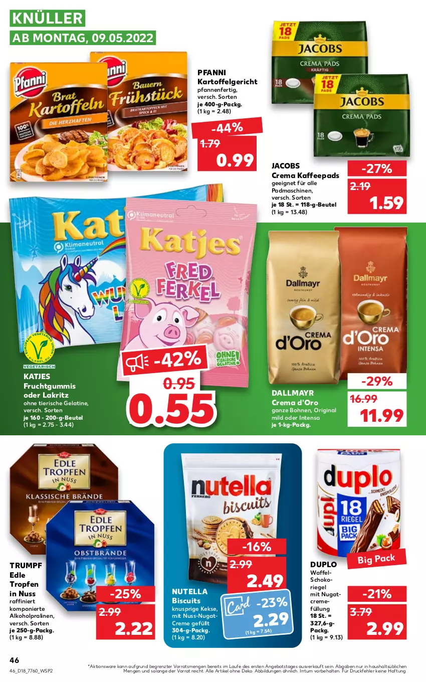 Aktueller Prospekt Kaufland - von 05.05 bis 11.05.2022 - strona 46 - produkty: alkohol, angebot, beutel, bohne, bohnen, creme, d'oro, dallmayr, duplo, frucht, fruchtgummi, fruchtgummis, gelatine, gin, jacobs, Jacobs Crema, kaffee, kaffeepads, kartoffel, katjes, keks, kekse, Lakritz, LG, nuss, nutella, oder lakritz, pfanne, pfannen, pfanni, pralinen, riegel, rum, schoko, schokoriegel, Ti, ZTE