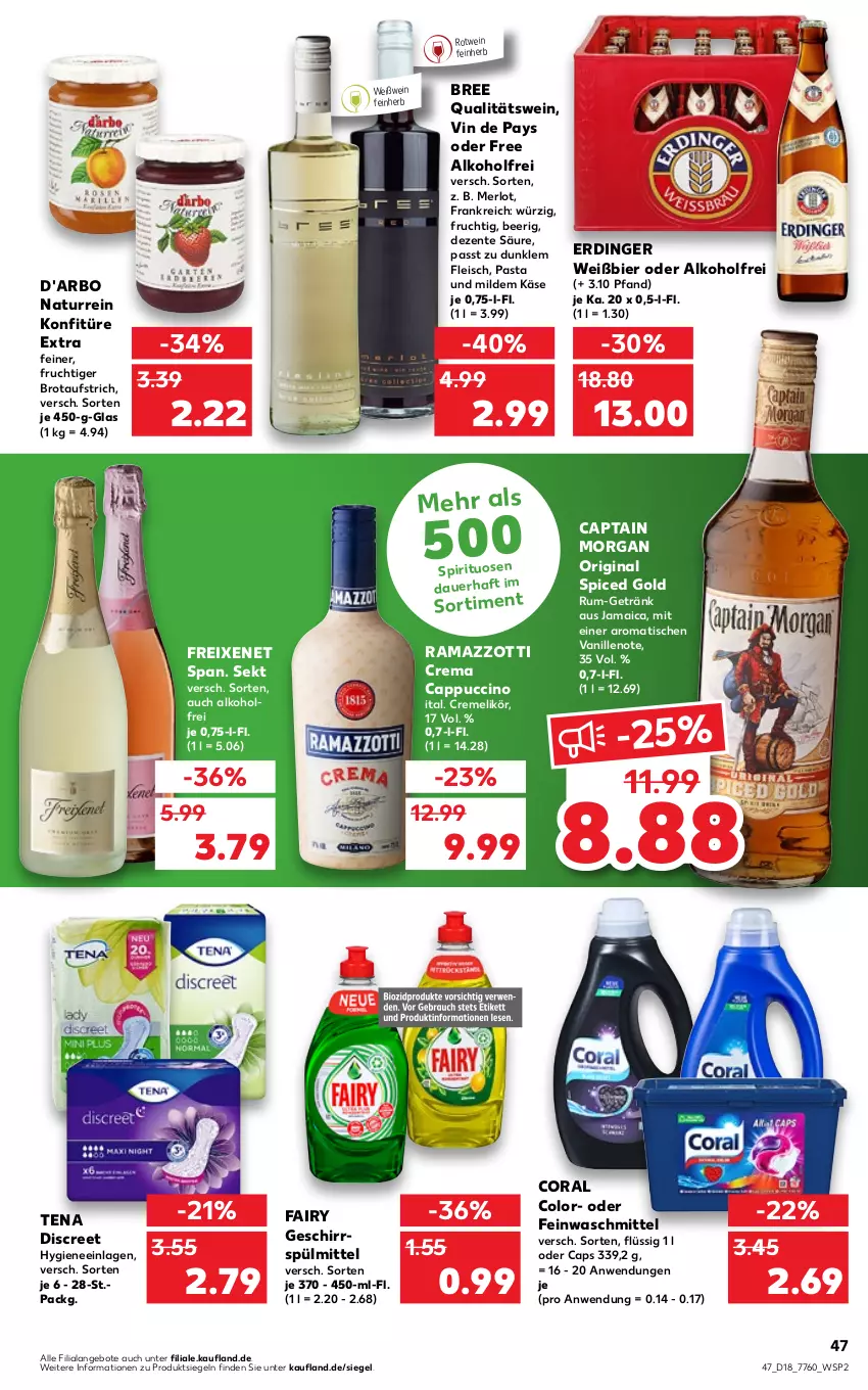 Aktueller Prospekt Kaufland - von 05.05 bis 11.05.2022 - strona 47 - produkty: alkohol, angebot, angebote, auer, aufstrich, bier, bree, brot, brotaufstrich, Cap, cappuccino, captain morgan, cin, Coral, creme, Discreet, eis, ente, erdinger, fairy, feinwaschmittel, fleisch, freixenet, frucht, geschirr, geschirrspülmittel, getränk, gin, Käse, konfitüre, konfitüre extra, likör, merl, merlot, natur, original spiced gold, pasta, qualitätswein, rama, ramazzott, ramazzotti, rotwein, rum, sekt, spirituosen, spülmittel, Ti, tisch, vanille, waschmittel, wein, Weißwein, zott