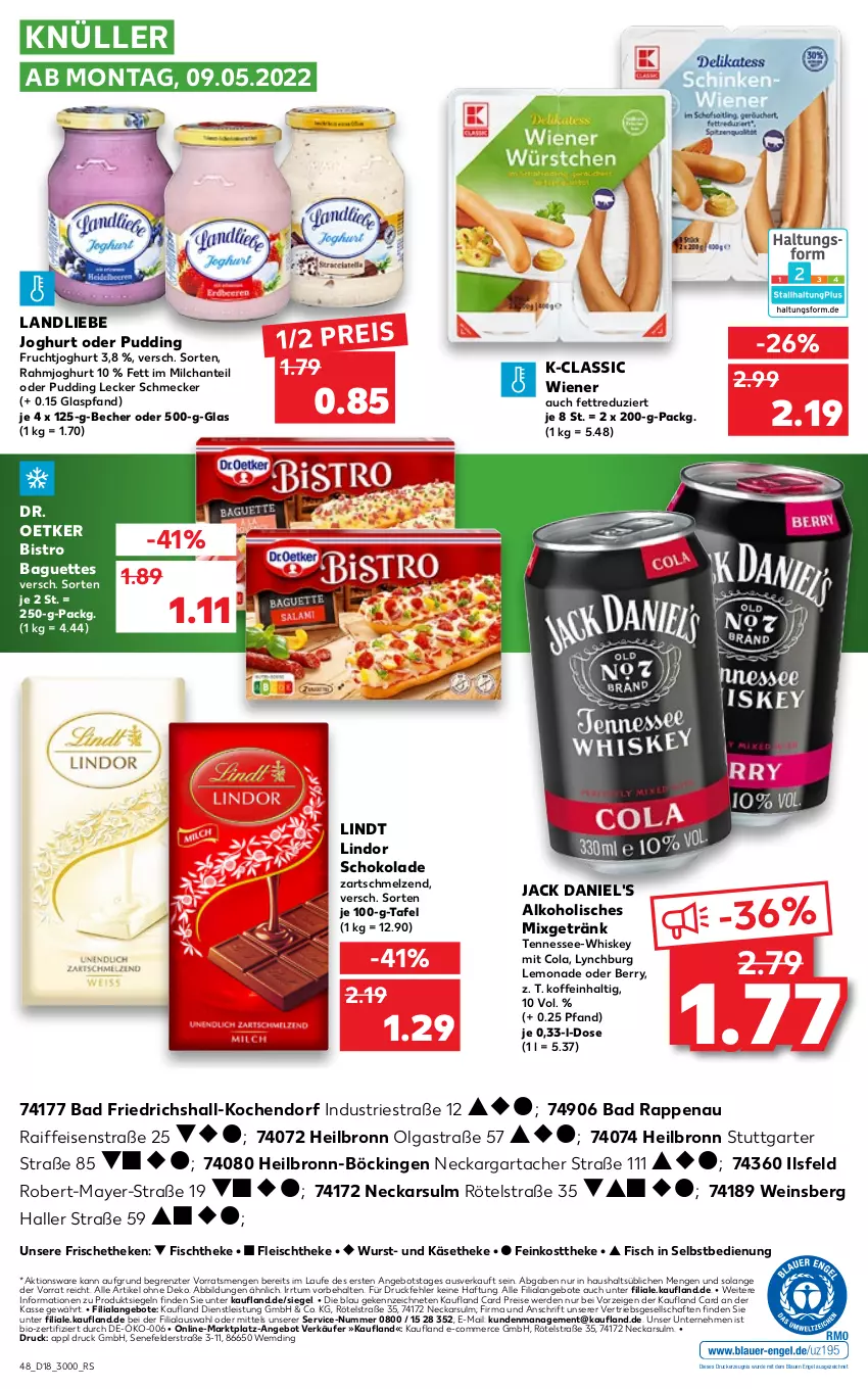 Aktueller Prospekt Kaufland - von 05.05 bis 11.05.2022 - strona 48 - produkty: alkohol, angebot, angebote, Astra, Bad, baguette, baguettes, Becher, bio, Bistro Baguette, cola, Dr. Oetker, drucker, eis, Engel, erde, feinkost, feinkosttheke, fisch, fischtheke, fleisch, frucht, fruchtjoghurt, getränk, jack daniel, jack daniel's, joghur, joghurt, Käse, käsetheke, kerze, landliebe, landliebe joghurt, lemonade, LG, lindor, lindt, milch, Mixgetränk, pudding, rahmjoghurt, reis, schoko, schokolade, Ti, wein, whiskey, wiener, wurst, ZTE