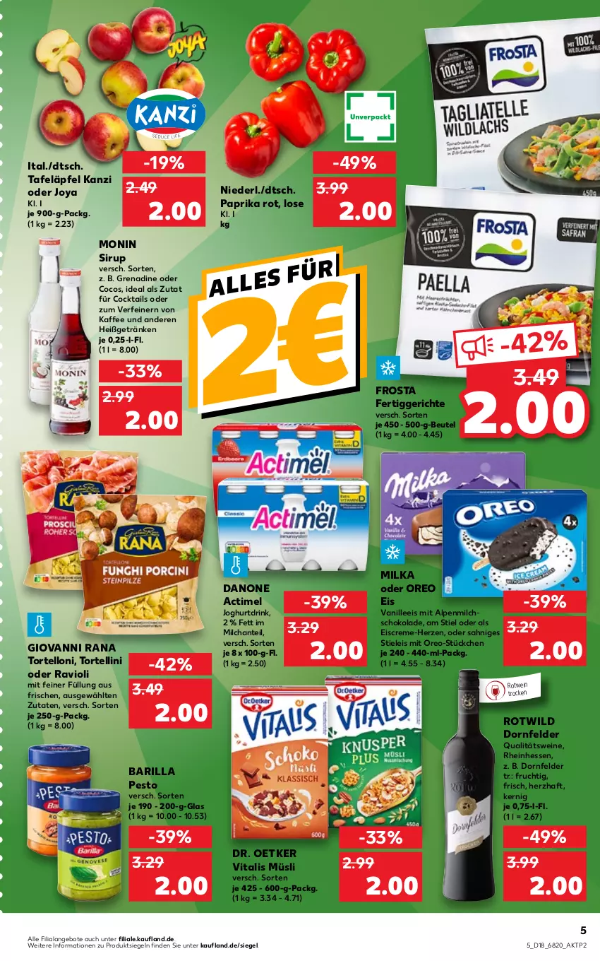 Aktueller Prospekt Kaufland - von 05.05 bis 11.05.2022 - strona 5 - produkty: actimel, alpenmilch, angebot, angebote, barilla, beutel, cocktail, cocktails, cocos, creme, danone, dornfelder, Dr. Oetker, drink, eis, eiscreme, fertiggericht, fertiggerichte, frosta, frucht, getränk, getränke, giovanni rana, joghur, joghurt, Joghurtdrink, kaffee, milch, milka, monin, müsli, oreo, paprika, paprika rot, pesto, qualitätswein, qualitätsweine, Rana, ravioli, rotwein, schoko, schokolade, sirup, stieleis, tafeläpfel, Ti, torte, tortellini, tortelloni, vanille, vita, vitalis, vitalis müsli, wein, weine, Wild