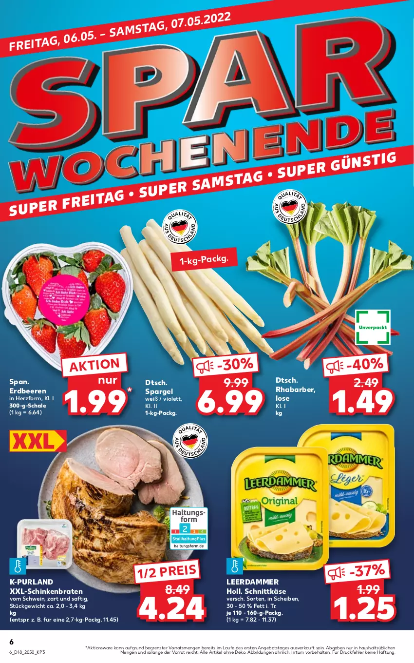 Aktueller Prospekt Kaufland - von 05.05 bis 11.05.2022 - strona 6 - produkty: angebot, beere, beeren, braten, eis, erdbeere, erdbeeren, Käse, leerdammer, purland, reis, rhabarber, saft, Schal, Schale, schinken, schinkenbraten, schnittkäse, schwein, sim, spargel, Ti, wein, ZTE