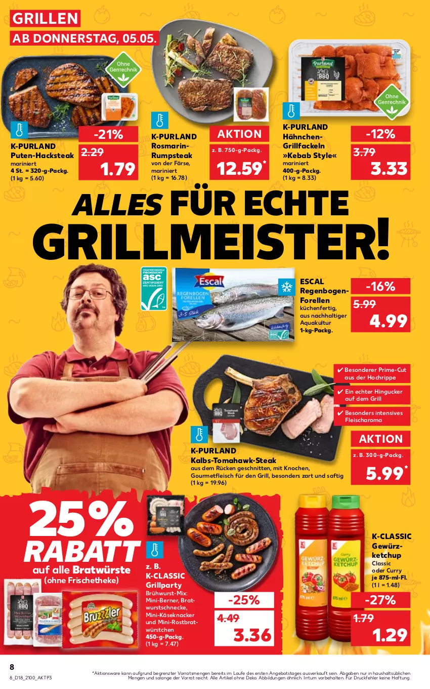 Aktueller Prospekt Kaufland - von 05.05 bis 11.05.2022 - strona 8 - produkty: angebot, aqua, bratwurst, Brühwurst, curry, eis, elle, escal, fleisch, forelle, gewürz, gewürzketchup, grill, grillfackeln, Käse, ketchup, knacker, küche, Küchen, Meister, purland, pute, rel, rosmarin, rum, rumpsteak, saft, schnitten, steak, Ti, wurst, würstchen, ZTE