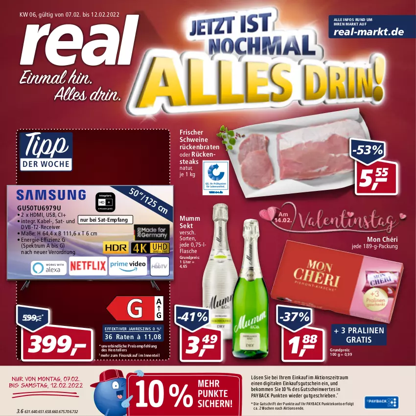 Aktueller Prospekt Real - Real Handzettel - von 07.02 bis 12.02.2022 - strona 1 - produkty: beko, braten, dvb, DVB-T, eis, elle, ente, flasche, gutschein, HDMI, LG, Mon Chéri, mumm, natur, payback, pralinen, Receiver, reis, Rückenbraten, Rückensteak, rückensteaks, rum, schwein, schweine, sekt, Spektrum, steak, steaks, teller, Ti, usb, wein, weine