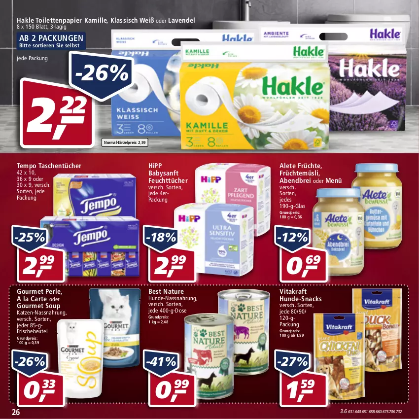 Aktueller Prospekt Real - Real Handzettel - von 07.02 bis 12.02.2022 - strona 26 - produkty: beutel, Brei, eis, feuchttücher, früchte, hakle, hakle toilettenpapier, hipp, Kamill, kamille, kraft, lavendel, müsli, Nassnahrung, natur, papier, reis, snack, snacks, Tasche, taschen, taschentücher, Tempo, Ti, Tiere, toilettenpapier, tücher, vita, vitakraft