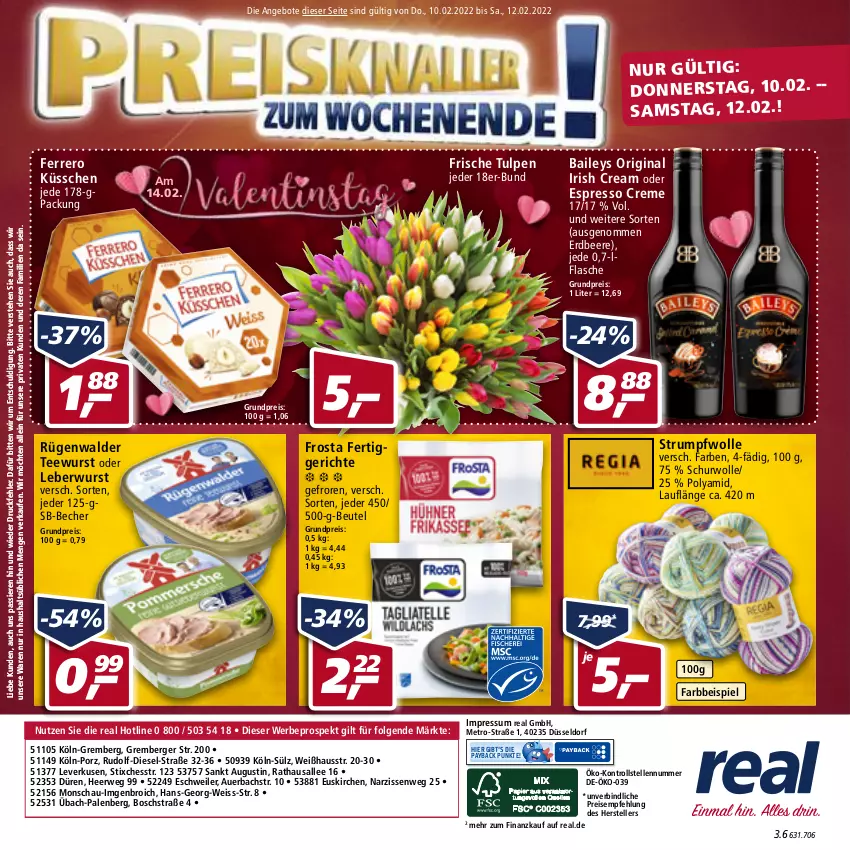 Aktueller Prospekt Real - Real Handzettel - von 07.02 bis 12.02.2022 - strona 48 - produkty: angebot, angebote, auer, baileys, Becher, beere, Berger, beutel, bosch, creme, Diesel, eis, elle, erdbeere, espresso, ferrero, Ferrero Küsschen, fertiggericht, fertiggerichte, flasche, frosta, gin, irish cream, leberwurst, LG, Metro, Narzissen, oder espresso, payback, reis, rügenwalder, rum, rwe, tee, teewurst, teller, Ti, wolle, wurst