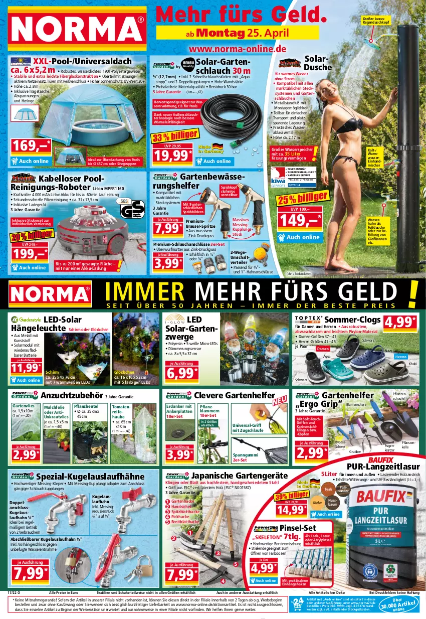 Aktueller Prospekt Norma - Norma - von 25.04 bis 02.05.2022 - strona 1 - produkty: adapter, akku, aqua, aquastop, batterie, Bau, Bebe, beutel, blume, blumen, Bodenplatte, brause, Brei, Clogs, dusche, eis, Elan, elle, Garten, gartenschlauch, Gartenvlies, Gießkanne, gin, Hängeleuchte, hering, Holz, Hylo, Klammern, kraft, Kraut, Kugel, lack, ladegerät, lamm, latte, leds, Leuchte, LG, ndk, nuss, pflanze, pflanzen, Pinsel, pool, pril, Rauch, Reinigung, reis, Ria, ring, Schal, Schere, schlauch, schläuche, schuhe, sonnenschutz, Spezi, Sport, Tasche, Ti, tisch, tomate, tomaten, tragetasche, wasser