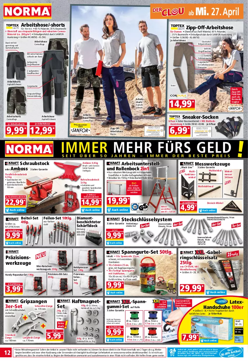 Aktueller Prospekt Norma - Norma - von 25.04 bis 02.05.2022 - strona 12 - produkty: asti, Bau, baumwolle, Bebe, bermuda, bio, boss, Brei, eis, elle, ente, gabel, gin, handschuhe, Handy, Hobby, hose, kraft, Kugel, lack, Laufen, LG, messer, Messerset, ndk, pril, reis, Ria, ring, Ringschlüsselsatz, schuhe, shorts, sneaker, socken, Spezi, Tasche, taschen, Ti, Tiere, tisch, wandhalterung, werkzeug, werkzeuge, wolle, Zangen, ZTE