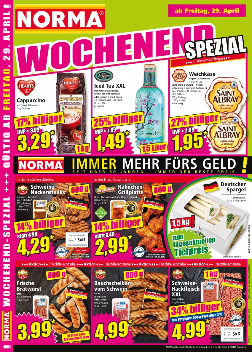 Aktueller Prospekt Norma - Norma - von 25.04 bis 02.05.2022 - strona 16 - produkty: auer, Bau, bauchscheiben, Bauer, braten, bratwurst, Cap, cappuccino, cin, deutscher spargel, eis, flasche, fleisch, gewürz, grana, grill, grillplatte, grüner tee, hackfleisch, henkel, honig, kakao, Käse, kräuter, latte, lebensmittel, mac, Nackensteak, nackensteaks, natur, paprika, pfirsich, pril, Rana, regal, reis, schenkel, schwein, schweine, Schweinehackfleisch, spargel, steak, steaks, tee, Ti, tiefpreis, weichkäse, wein, weine, wurst