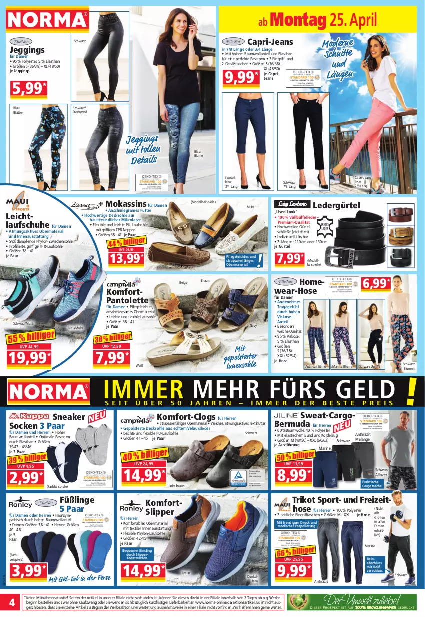 Aktueller Prospekt Norma - Norma - von 25.04 bis 02.05.2022 - strona 4 - produkty: asti, Bau, baumwolle, Bebe, bermuda, blume, blumen, braun, Cap, Clogs, decksohle, dell, eis, Elan, elle, Füßlinge, gin, hose, Hylo, jeans, Laufschuhe, mikrofaser, Mode, pantolette, pril, Ria, schuhe, slip, Slipper, sneaker, socken, Spiele, Sport, Tasche, taschen, Ti, tisch, Trikot, wolle