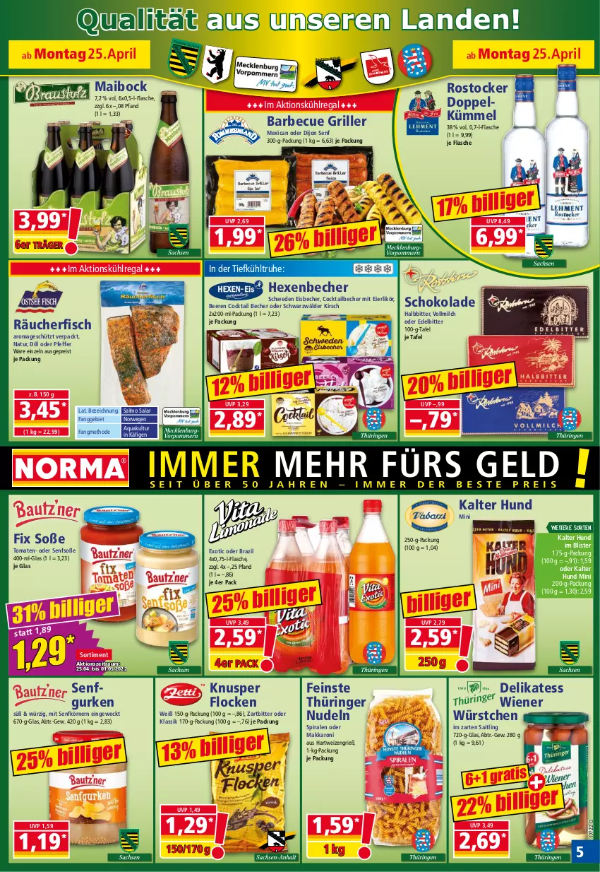 Aktueller Prospekt Norma - Norma - von 25.04 bis 02.05.2022 - strona 5 - produkty: aqua, barbecue, Becher, beere, beeren, cocktail, Dijon Senf, eier, eierlikör, eis, eisbecher, fisch, flasche, grill, gurke, gurken, hartweizen, im zarten saitling, kirsch, kühlregal, likör, milch, natur, nudel, nudeln, pfeffer, pril, regal, reis, ring, Rostocker, rwe, schoko, schokolade, senf, Senfsoße, Soße, Ti, tomate, tomaten, vollmilch, weck, wiener, wiener würstchen, würstchen