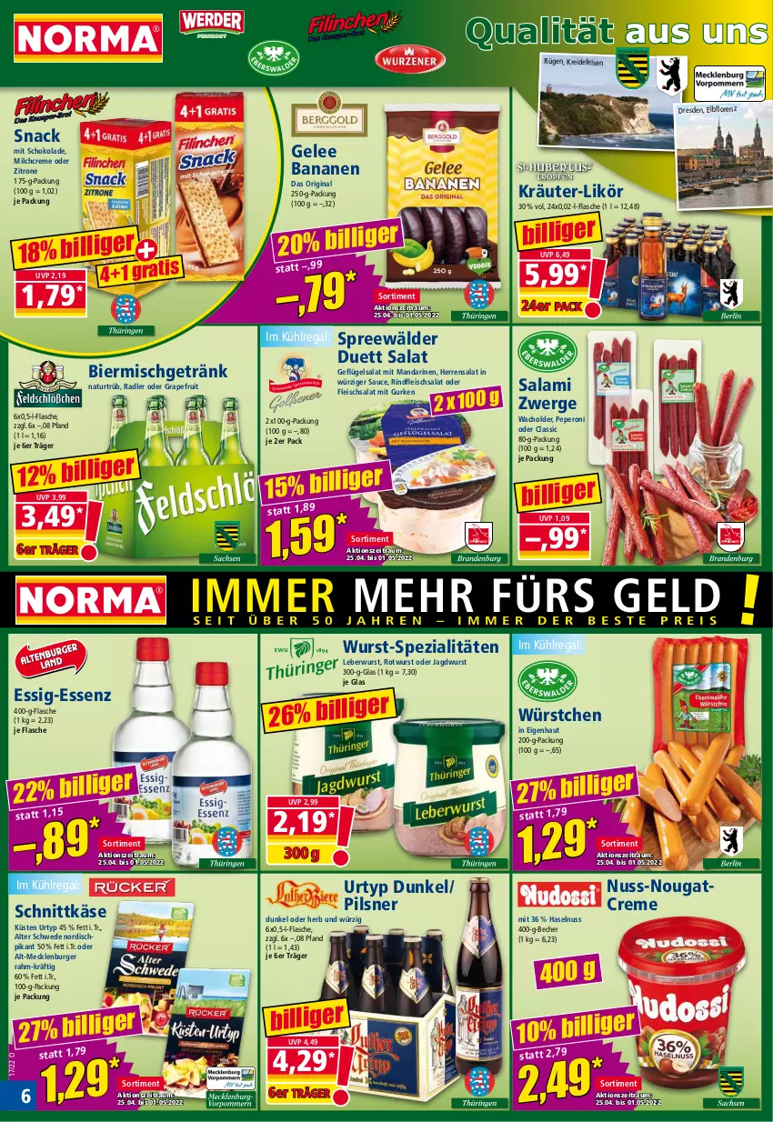 Aktueller Prospekt Norma - Norma - von 25.04 bis 02.05.2022 - strona 6 - produkty: banane, bananen, Becher, bier, burger, creme, eis, essig, flasche, fleisch, fleischsalat, Geflügel, geflügelsalat, gelee, getränk, gin, grapefruit, gurke, gurken, haselnuss, HP, jagdwurst, Käse, kräuter, Kreide, kühlregal, leberwurst, likör, lorenz, mandarine, mandarinen, milch, natur, Nougatcreme, nuss, peperoni, Peroni, pils, pilsner, radler, regal, rind, rindfleisch, Rotwurst, salami, salat, sauce, schnittkäse, schoko, schokolade, snack, Spezi, spreewälder, Ti, urtyp, wurst, würstchen, zitrone