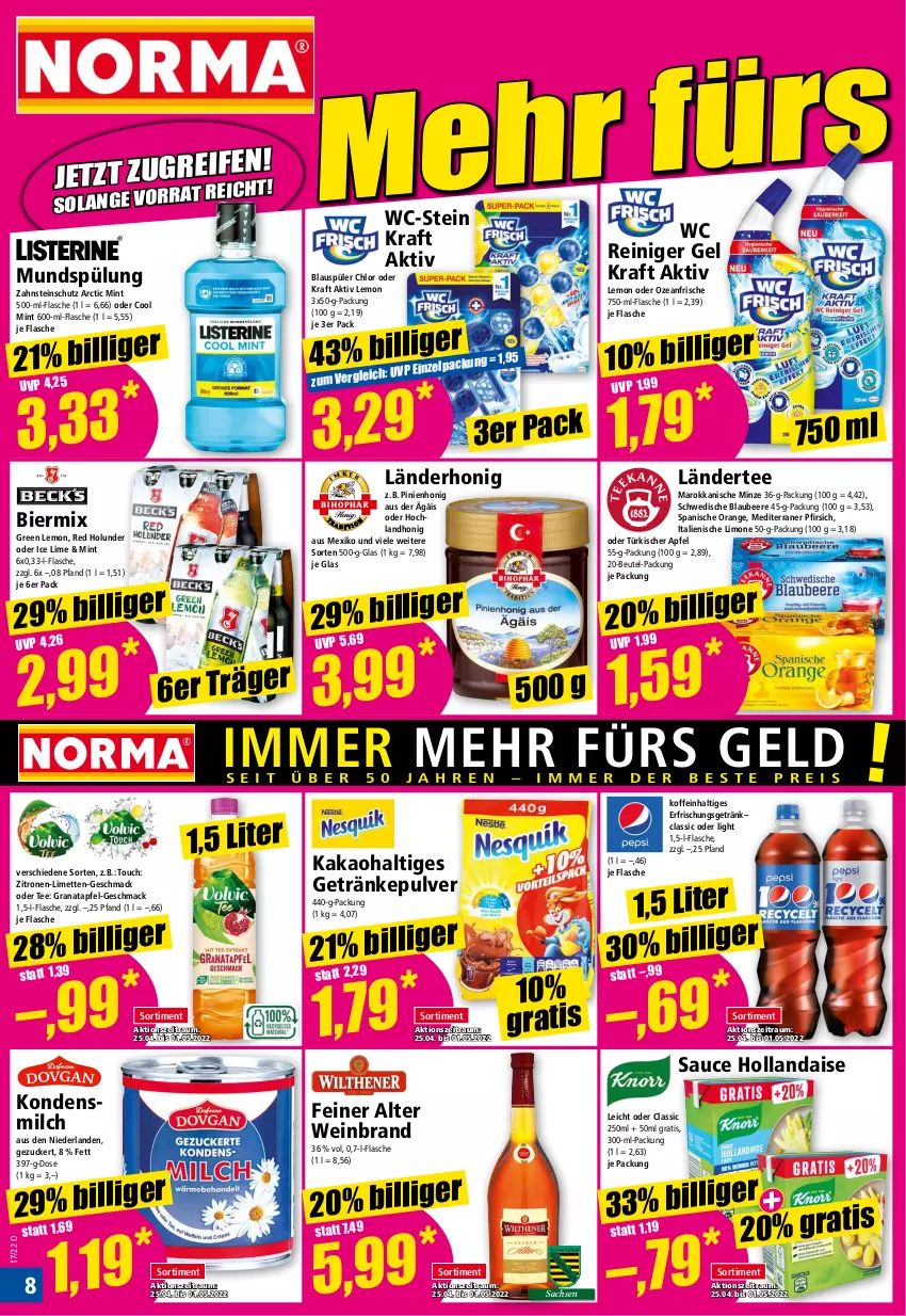 Aktueller Prospekt Norma - Norma - von 25.04 bis 02.05.2022 - strona 8 - produkty: apfel, beere, beutel, bier, Blaubeer, blaubeere, erfrischungsgetränk, flasche, getränk, getränke, getränkepulver, grana, granatapfel, hochland, hollandaise, holunder, honig, kakao, kondensmilch, kraft, Ländertee, limette, limetten, limo, mac, Mett, metten, milch, mint, minze, mundspülung, orange, pfirsich, Rana, reiniger, reiniger gel, sac, sauce, sauce hollandaise, spülung, tee, Ti, wein, weinbrand, zitrone, zitronen, zucker