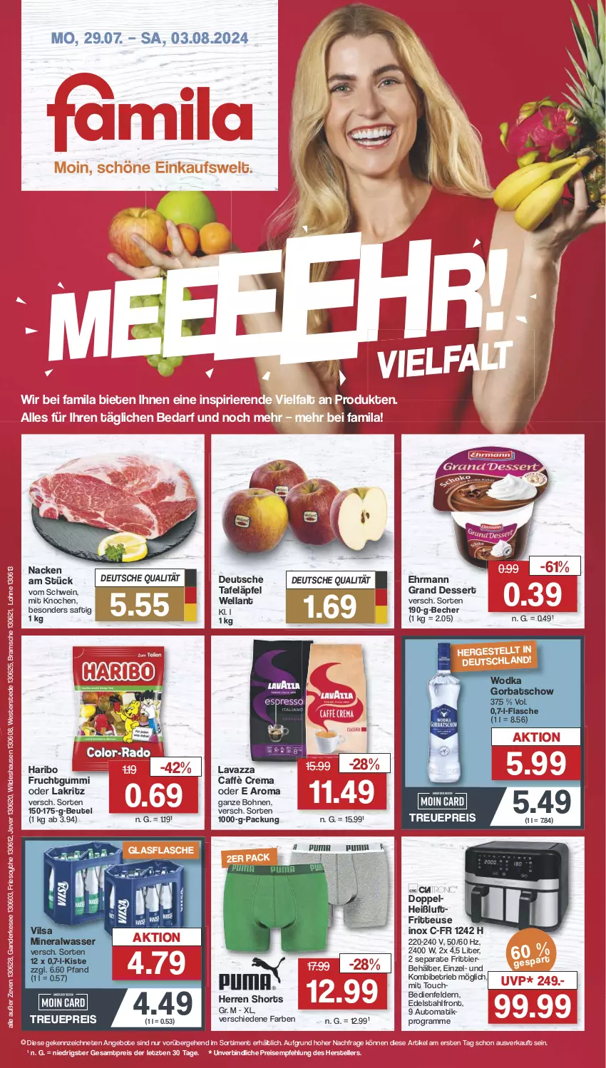 Aktueller Prospekt Famila - Prospekte - von 29.07 bis 03.08.2024 - strona 1 - produkty: Alwa, angebot, angebote, auto, Becher, Behälter, beutel, bohne, bohnen, caffè crema, dessert, edelstahl, ehrmann, Ehrmann Grand Dessert, eis, elle, flasche, fritteuse, frucht, fruchtgummi, glasflasche, Gorbatschow, haribo, Heißluftfritteuse, jever, Lakritz, lavazza, mineralwasser, oder lakritz, reis, saft, schwein, shorts, tafeläpfel, teller, Ti, vilsa, wasser, wein, Wella, Weste, Wild, wodka, ZTE