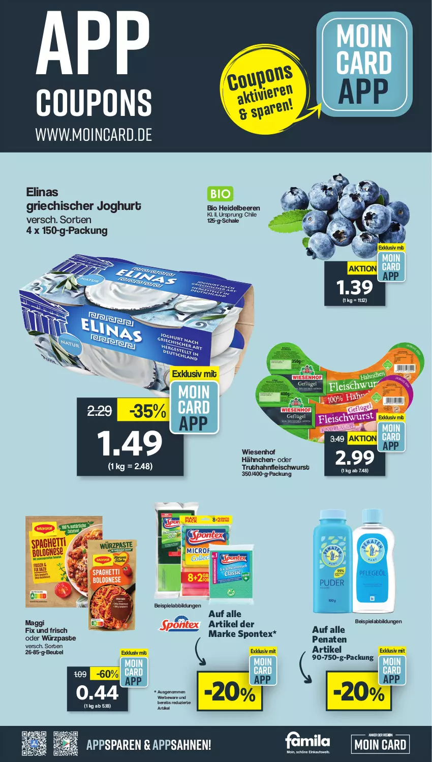 Aktueller Prospekt Famila - Prospekte - von 29.07 bis 03.08.2024 - strona 11 - produkty: beere, beeren, beispielabbildung, beutel, bio, coupon, coupons, eis, elinas, fleisch, fleischwurst, Griechischer Joghurt, heidelbeere, heidelbeeren, joghur, joghurt, maggi, maggi fix, penaten, sahne, Schal, Schale, spontex, Ti, truthahn, wiesenhof, wurst