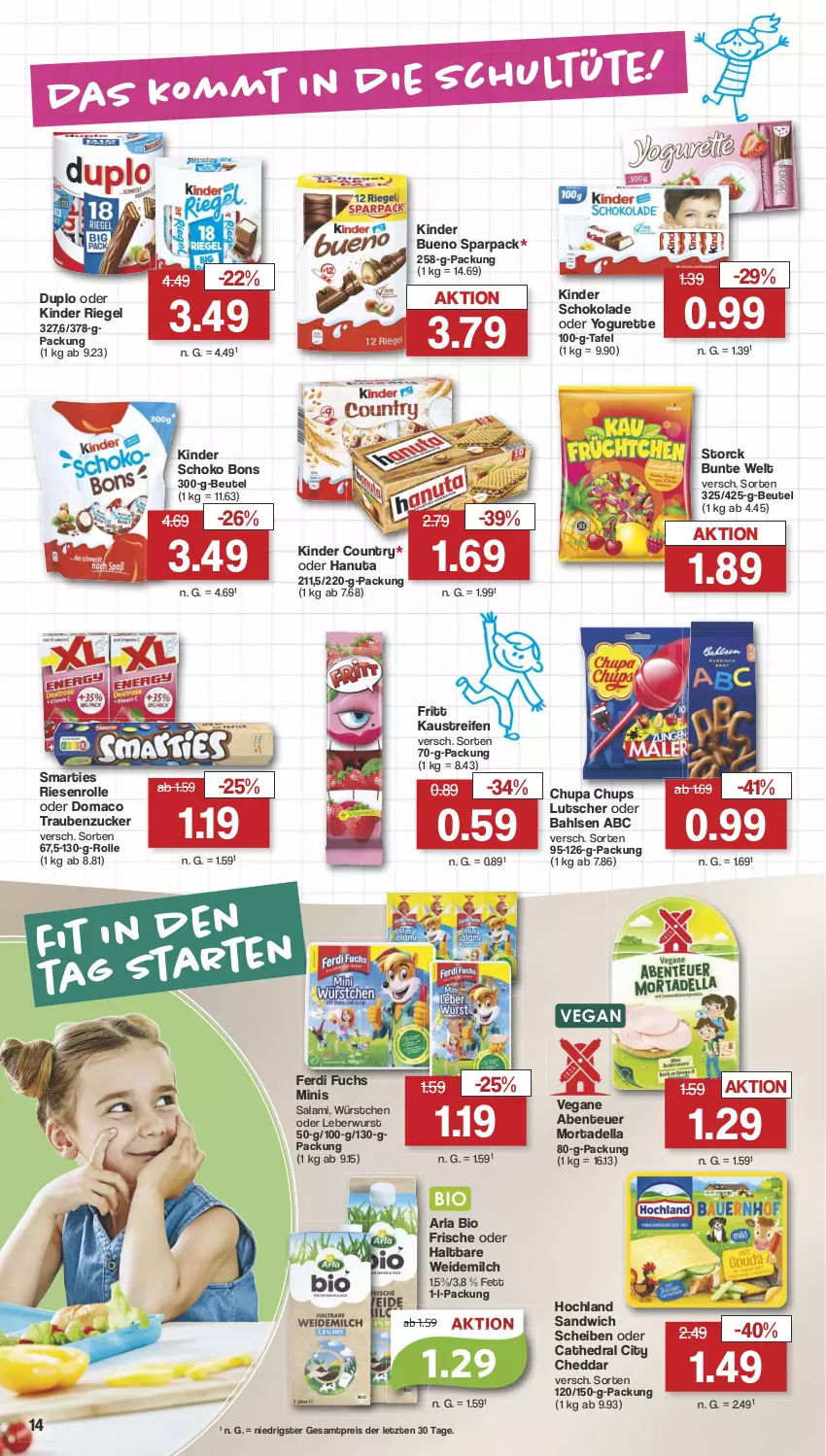 Aktueller Prospekt Famila - Prospekte - von 29.07 bis 03.08.2024 - strona 15 - produkty: arla, aust, bahlsen, beutel, bio, cheddar, chupa, chupa chups, dell, duplo, eis, ente, ferdi fuchs, hanuta, hochland, Kaustreifen, Kinder, kinder bueno, kinder country, kinder riegel, kinder schokolade, leberwurst, Lutscher, mac, milch, mortadella, oder yogurette, reifen, reis, riegel, salami, sandwich, schoko, schokolade, smarties, storck, Ti, trauben, weidemilch, wurst, würstchen, Yo, yogurette, ZTE, zucker