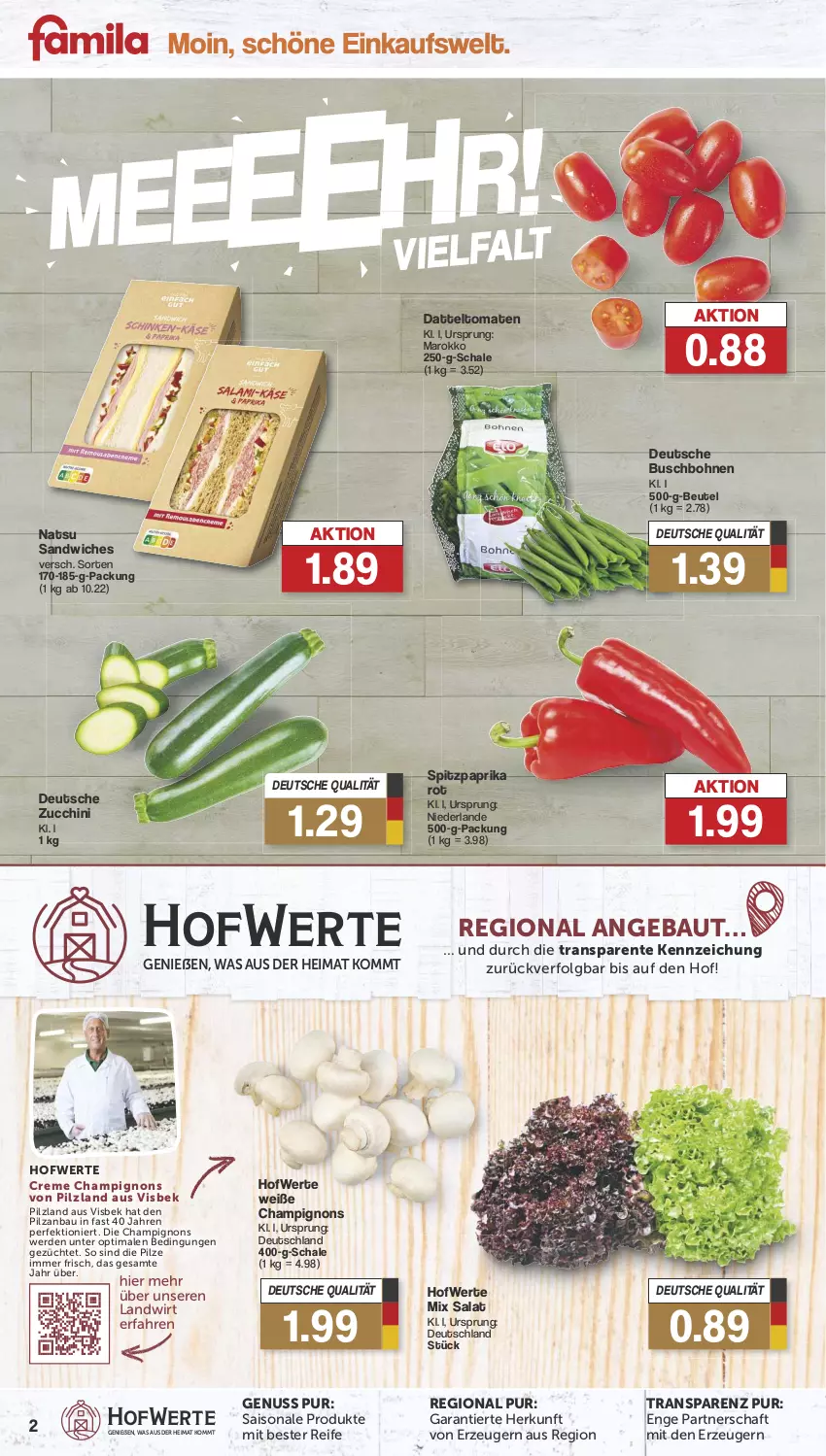 Aktueller Prospekt Famila - Prospekte - von 29.07 bis 03.08.2024 - strona 2 - produkty: Bau, beutel, bohne, bohnen, Buschbohnen, champignon, champignons, creme, datteltomaten, ente, erde, LG, nuss, paprika, paprika rot, pilze, salat, sandwich, Schal, Schale, Spitzpaprika, Ti, tomate, tomaten, zucchini