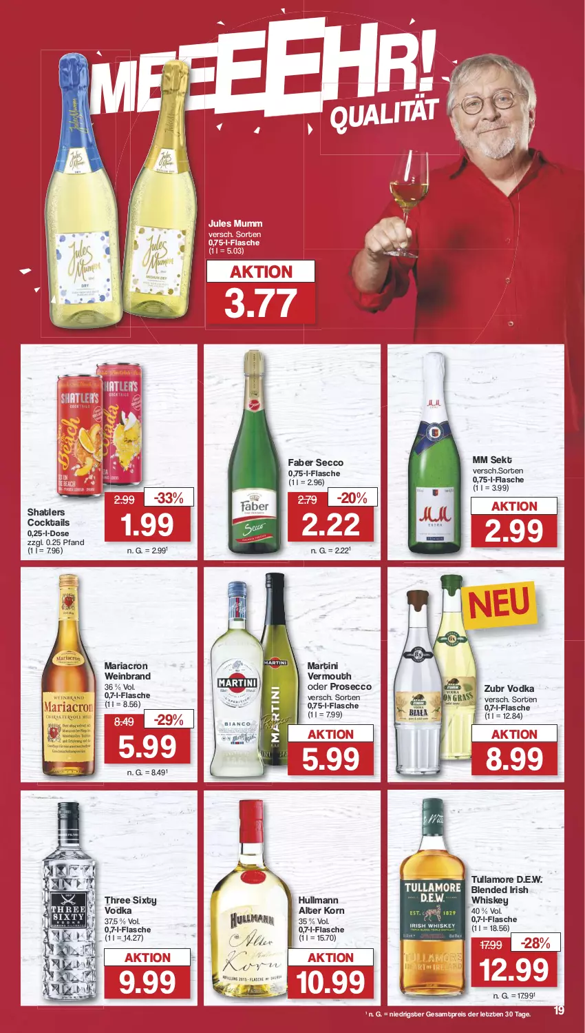 Aktueller Prospekt Famila - Prospekte - von 29.07 bis 03.08.2024 - strona 20 - produkty: cocktail, cocktails, decke, ecco, eis, flasche, getränk, getränke, irish whiskey, jules mumm, korn, mariacron, martini, mumm, prosecco, reis, Ria, sekt, Three Sixty, Ti, tullamore, Vermouth, vodka, wein, weinbrand, whiskey, ZTE