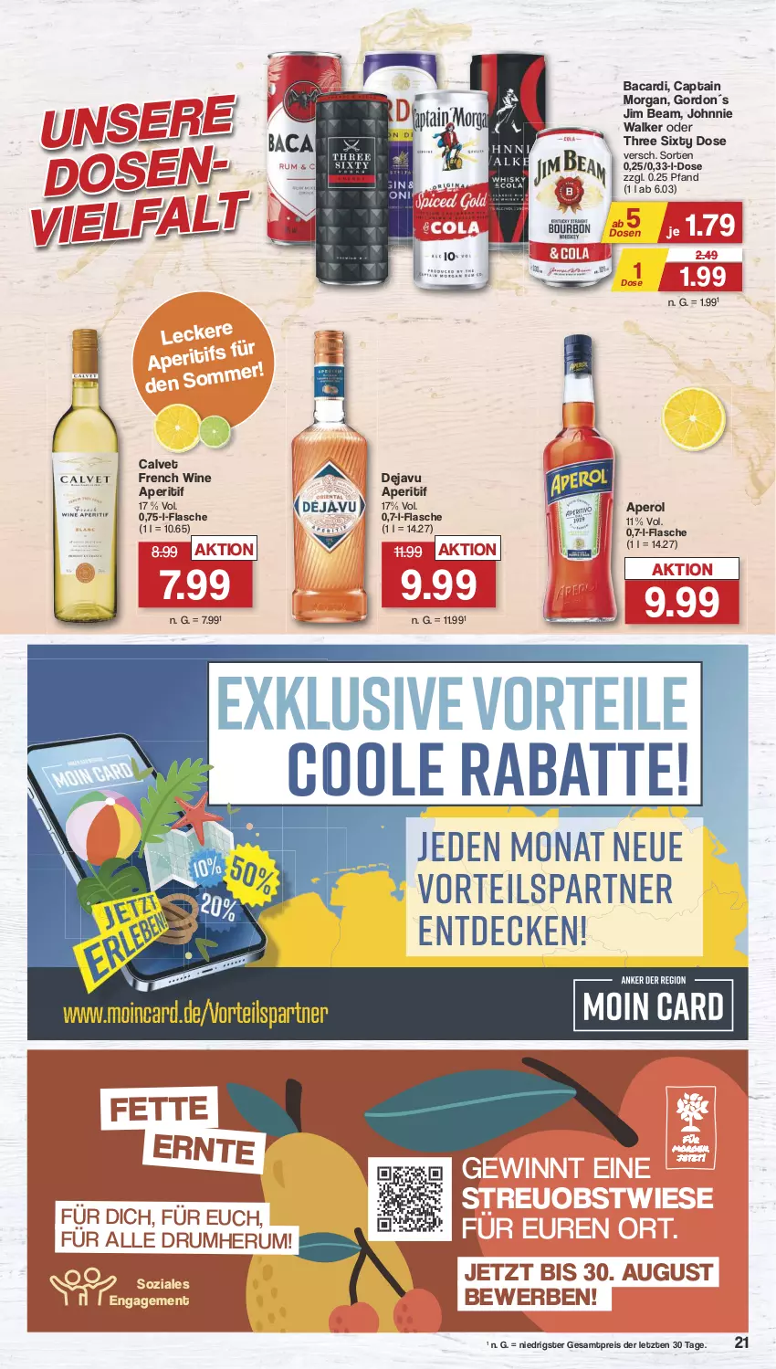 Aktueller Prospekt Famila - Prospekte - von 29.07 bis 03.08.2024 - strona 22 - produkty: aperitif, aperol, bacardi, Cap, captain morgan, decke, eis, flasche, gordon, jim beam, johnnie walker, obst, reis, rum, Three Sixty, Ti, ZTE