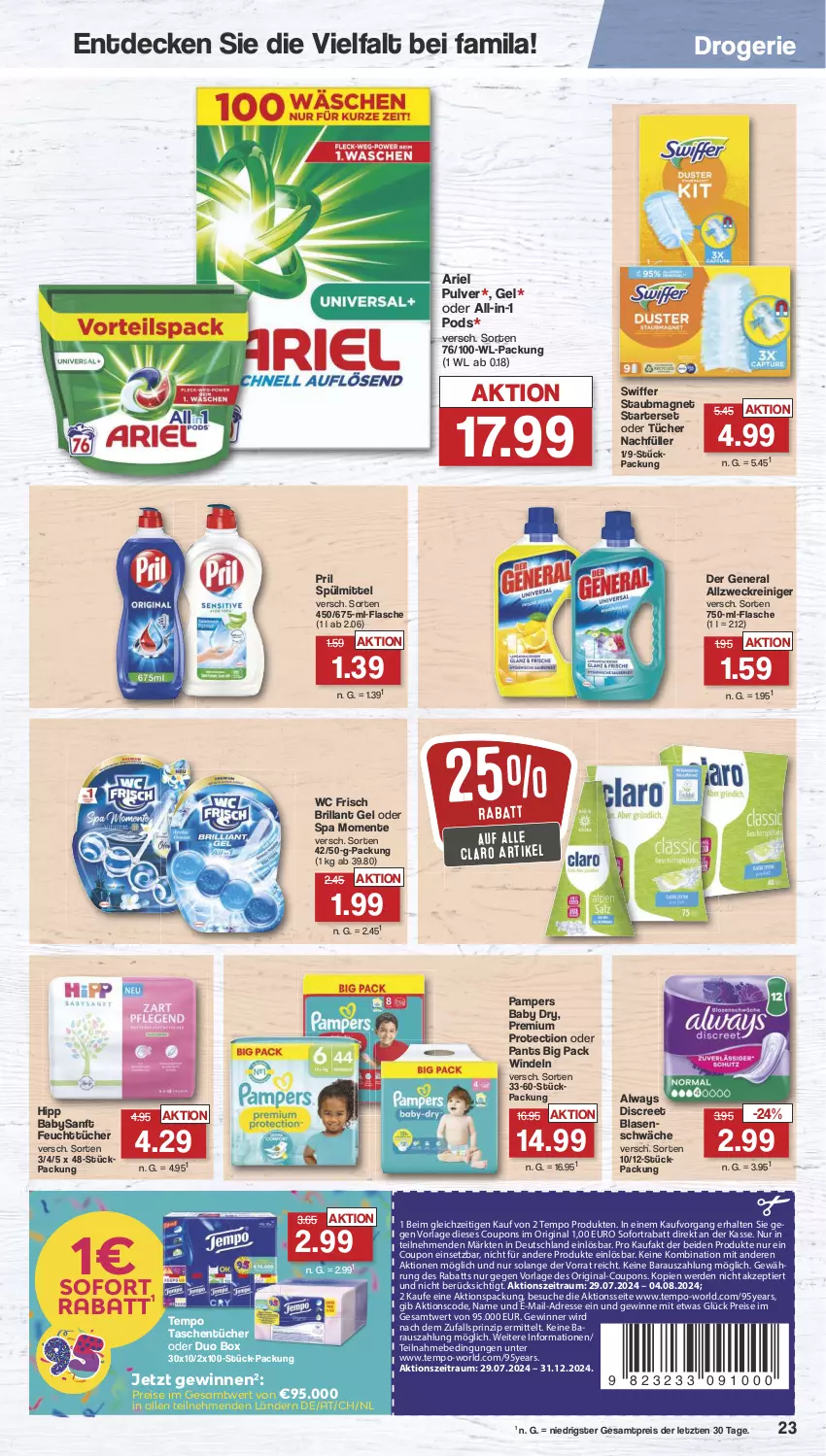 Aktueller Prospekt Famila - Prospekte - von 29.07 bis 03.08.2024 - strona 24 - produkty: allzweckreiniger, Alwa, Always, ariel, coupon, coupons, decke, Discreet, eis, ente, erde, feuchttücher, flasche, gin, hipp, pampers, pampers baby dry, Pants, Pods, pril, reiniger, reis, sofortrabatt, spülmittel, staubmagnet, swiffer, Tasche, taschen, taschentücher, Tempo, Ti, tücher, wc frisch, weck, windeln, ZTE