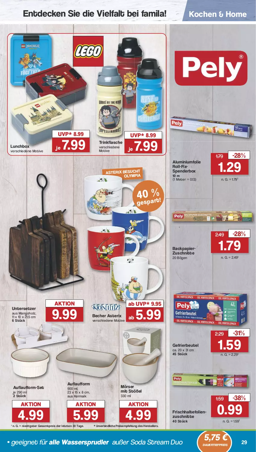 Aktueller Prospekt Famila - Prospekte - von 29.07 bis 03.08.2024 - strona 30 - produkty: Aluminiumfolie, auer, Becher, beutel, dauertiefpreis, decke, eis, elle, flasche, frischhaltefolie, gefrierbeutel, Holz, lunchbox, mango, papier, reis, Soda, teller, Ti, tiefpreis, trinkflasche, Untersetzer, wasser, wassersprudler, ZTE