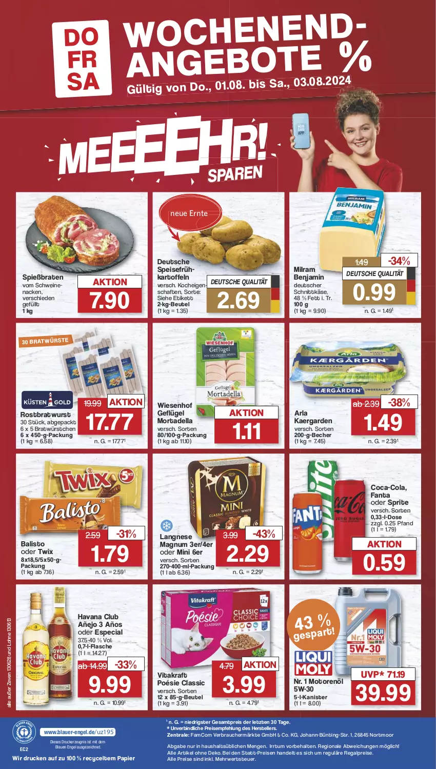 Aktueller Prospekt Famila - Prospekte - von 29.07 bis 03.08.2024 - strona 37 - produkty: arla, auer, balisto, Becher, beutel, braten, bratwurst, cola, dell, deutscher schnittkäse, drucker, eis, elle, Engel, fanta, fanta oder, fanta oder sprite, flasche, Geflügel, Havana Club, kartoffel, kartoffeln, Käse, kerze, kraft, langnese, magnum, milram, mortadella, motorenöl, oder sprite, oder twix, papier, Rauch, regal, reis, rostbratwurst, rwe, schnittkäse, schwein, schweine, schweinenacken, sprite, teller, Ti, twix, vita, vitakraft, vom schweinenacken, wein, weine, wiesenhof, wurst, würstchen, ZTE