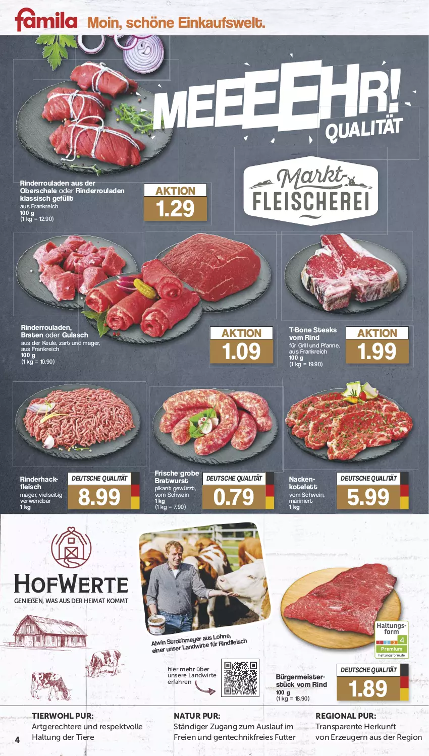 Aktueller Prospekt Famila - Prospekte - von 29.07 bis 03.08.2024 - strona 4 - produkty: braten, bratwurst, eis, ente, fleisch, für grill und pfanne, Germ, gewürz, grill, grill und pfanne, gulasch, kotelett, Meister, natur, pfanne, rind, rinder, Rinderroulade, rinderrouladen, rindfleisch, rouladen, rwe, Schal, Schale, schwein, steak, steaks, Ti, Tiere, und pfanne, wein, wurst