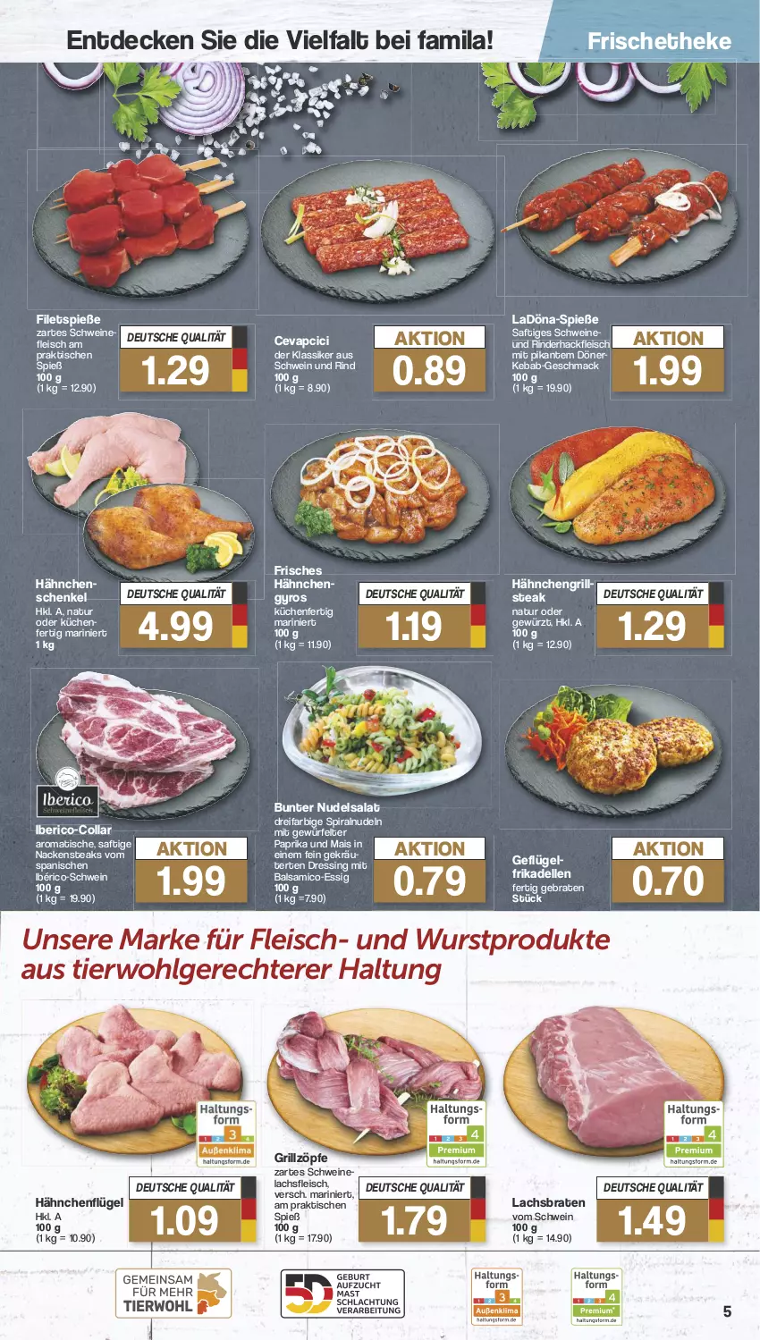 Aktueller Prospekt Famila - Prospekte - von 29.07 bis 03.08.2024 - strona 5 - produkty: balsam, balsamico, braten, cevapcici, decke, dell, dressing, eis, elle, essig, filet, filets, fleisch, frikadellen, Geflügel, gewürz, grill, gyros, hackfleisch, hähnchenflügel, Hähnchengyros, hähnchenschenkel, henkel, kräuter, küche, Küchen, lachs, Lachsbraten, LG, mac, mais, Nackensteak, nackensteaks, natur, nudel, nudeln, nudelsalat, paprika, rind, rinder, rinderhackfleisch, saft, salat, schenkel, schwein, schwein und rind, schweine, Schweinelachs, steak, steaks, Ti, tisch, wein, weine, würfel, wurst