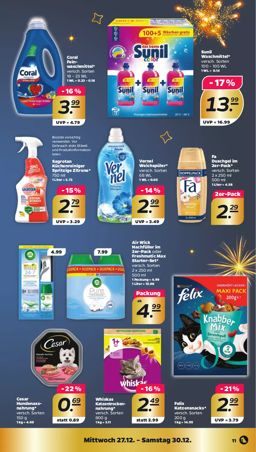 Aktueller Prospekt Netto - Woche 52 - von 26.12 bis 30.12.2023 - strona 11 - produkty: Air Wick, bio, Coral, duschgel, fa duschgel, feinwaschmittel, felix, katzensnack, katzensnacks, küche, Küchen, Nassnahrung, Rauch, reiniger, rwe, sagrotan, snack, snacks, sunil, Ti, Trockennahrung, vernel, waschmittel, weichspüler, whiskas, WICK, zitrone