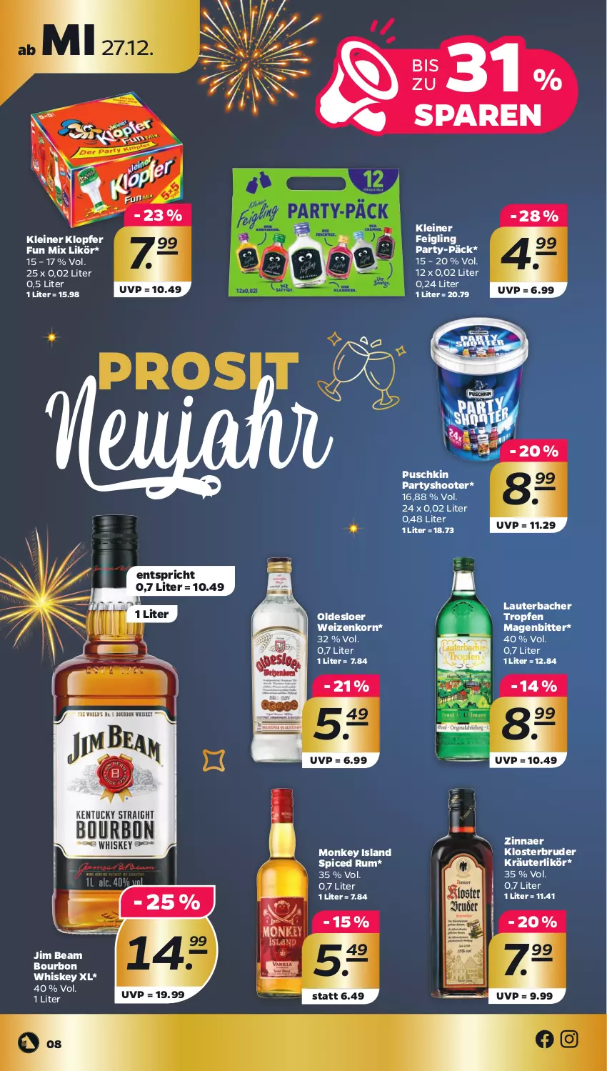 Aktueller Prospekt Netto - Woche 52 - von 26.12 bis 30.12.2023 - strona 8 - produkty: bourbon, bourbon whiskey, jim beam, kleiner feigling, kleiner klopfer, korn, kräuter, kräuterlikör, leine, likör, oldesloer, rum, weizenkorn, whiskey