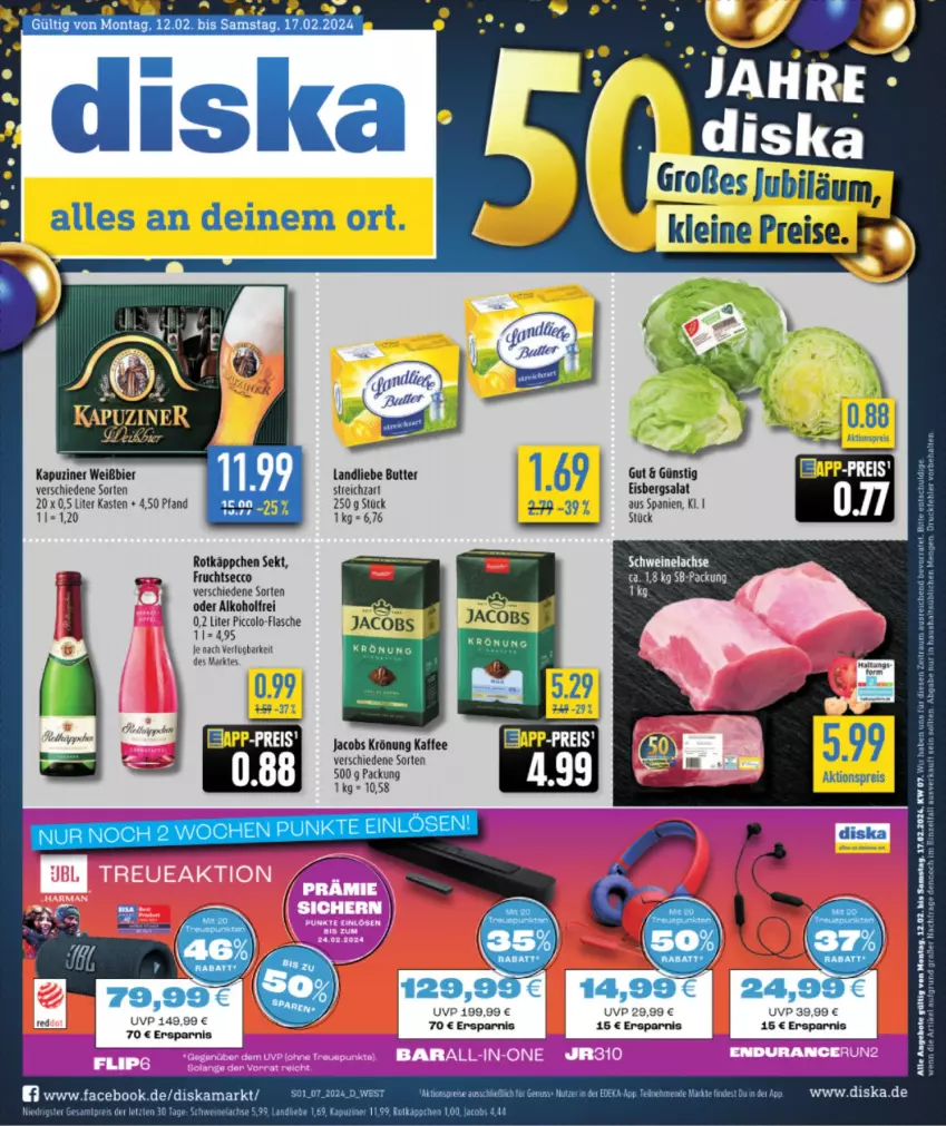 Aktueller Prospekt Diska - von 12.02 bis 17.02.2024 - strona 1 - produkty: alkohol, angebot, angebote, bier, butter, ecco, eis, eisbergsalat, ente, flasche, frucht, fruchtsecco, kaffee, landliebe, LG, reis, rotkäppchen, salat, sekt, Streichzart, Ti