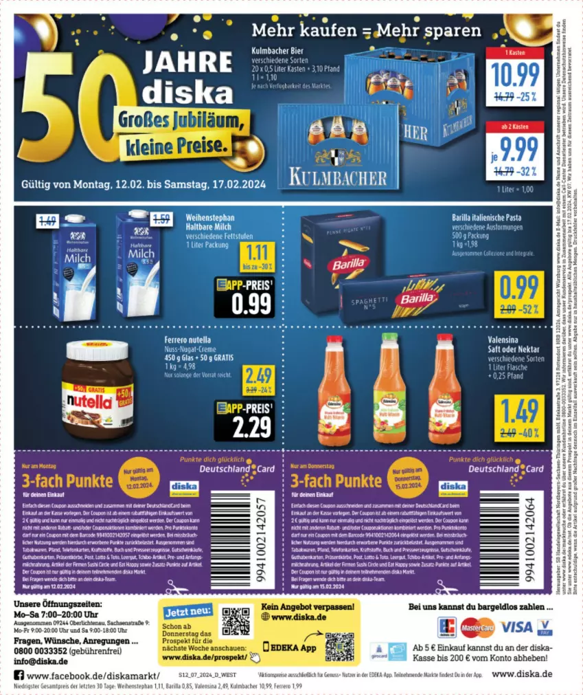 Aktueller Prospekt Diska - von 12.02 bis 17.02.2024 - strona 12 - produkty: aktionspreis, angebot, angebote, Astra, barilla, bier, coupon, creme, deka, eis, Elan, ente, erde, ferrero, flasche, gutschein, Hela, italienische pasta, Nektar, nuss, nuss-nugat-creme, nutella, pasta, reis, ring, ritter, sac, tee, Ti, uhr, valensina, weihenstephan, ZTE