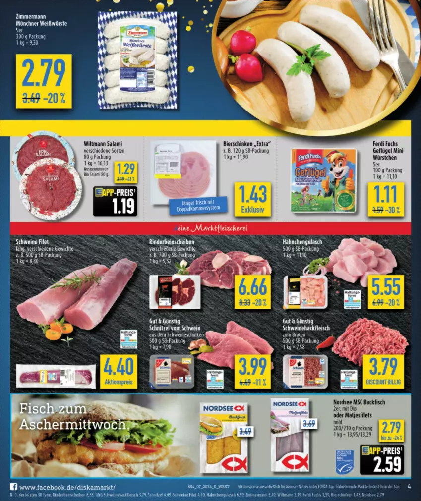 Aktueller Prospekt Diska - von 12.02 bis 17.02.2024 - strona 4 - produkty: aktionspreis, backfisch, bier, Biere, bierschinken, bio, dip, discount, eis, filet, filets, fisch, fleisch, Geflügel, gulasch, hackfleisch, matjes, Matjesfilet, matjesfilets, Nordsee, nuss, reis, rind, rinder, salami, schinken, schnitzel, schwein, schweine, Schweinehackfleisch, tee, Ti, wein, weine, wiltmann, würstchen, Yo