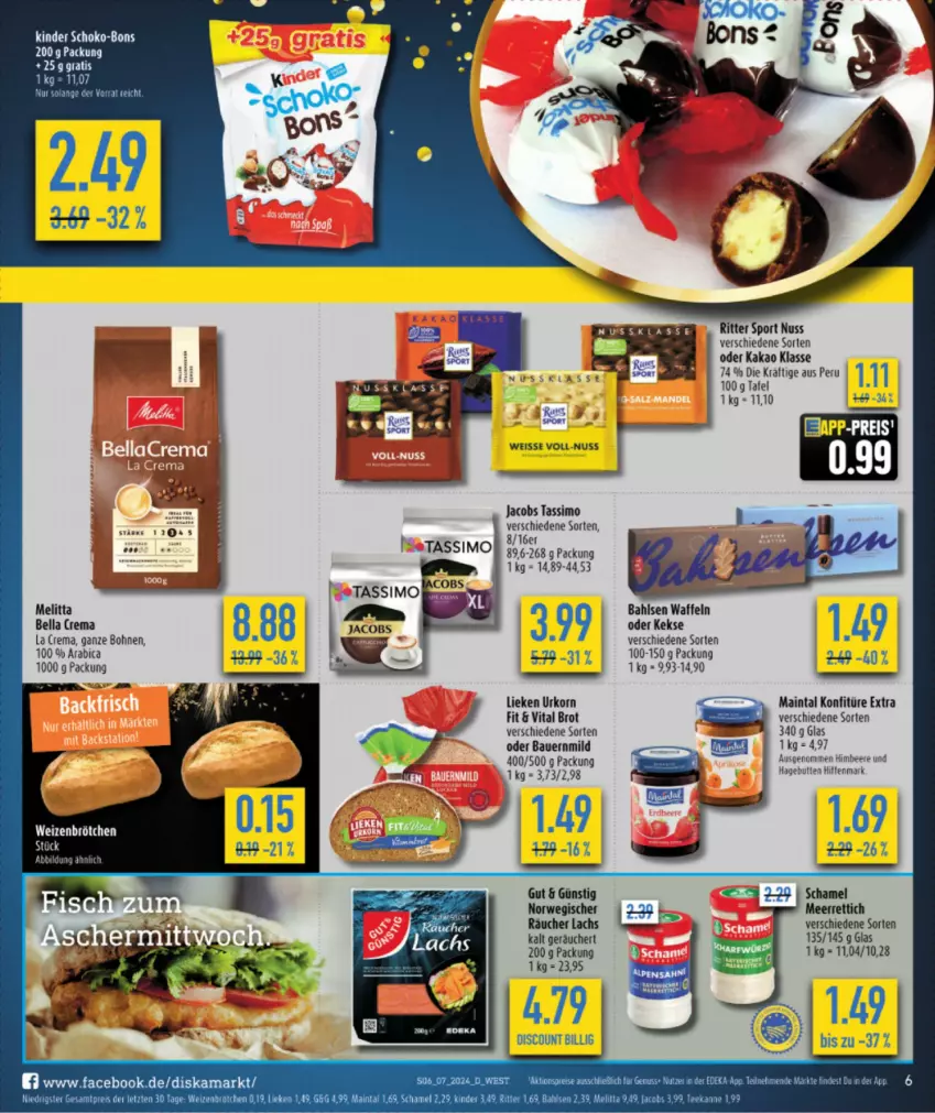 Aktueller Prospekt Diska - von 12.02 bis 17.02.2024 - strona 6 - produkty: aktionspreis, auer, bahlsen, Bau, Bauer, beere, bohne, bohnen, brot, brötchen, discount, eis, himbeer, himbeere, jacobs, jacobs tassimo, kakao, keks, kekse, Kinder, konfitüre, konfitüre extra, korn, lachs, lieken, meerrettich, melitta, nuss, reis, Rettich, ritter, ritter sport, rwe, schamel, schoko, schoko-bons, sim, Sport, tassimo, Ti, urkorn, vita, waffeln, weizenbrötchen, ZTE