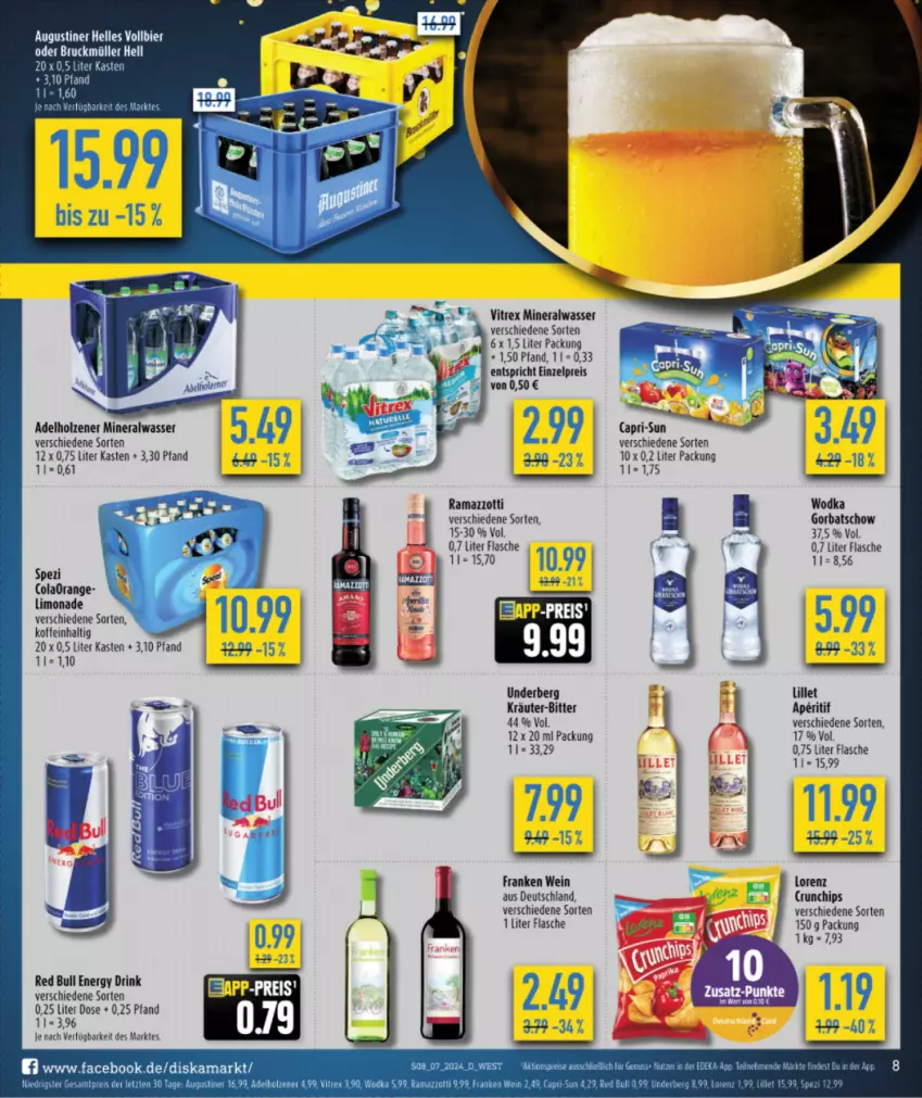 Aktueller Prospekt Diska - von 12.02 bis 17.02.2024 - strona 8 - produkty: adelholzener, aktionspreis, Alwa, aperitif, Bau, bier, Cap, capri-sun, chips, crunchips, drink, eis, elle, energy drink, flasche, Gorbatschow, Holz, kräuter, lillet, limo, limonade, lorenz, mineralwasser, nuss, rama, ramazzott, ramazzotti, red bull, reis, Ti, underberg, vitrex, wasser, wein, wodka, zott, ZTE