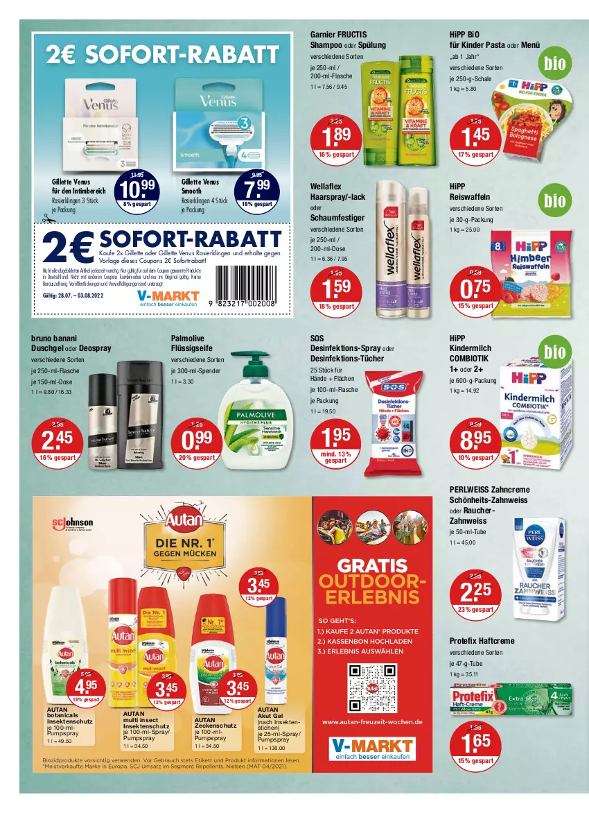 Aktueller Prospekt Vmarkt - V-Markt - von 28.07 bis 03.08.2022 - strona 10 - produkty: Autan, bio, bruno banani, coupon, coupons, creme, deo, deospray, Desinfektion, duschgel, eis, eiswaffeln, flasche, flüssigseife, fructis, garnier, gillette, gillette venus, gin, haarspray, Haftcreme, hipp, insektenschutz, Kinder, kindermilch, lack, milch, oder deospray, olive, palmolive, pasta, Rasierklinge, rasierklingen, Rauch, reis, Reiswaffeln, Schal, Schale, schaumfestiger, Seife, sekt, shampoo, shampoo oder spülung, sofort-rabatt, sofortrabatt, spülung, Ti, tücher, venus, waffeln, Wella, wellaflex, zahncreme