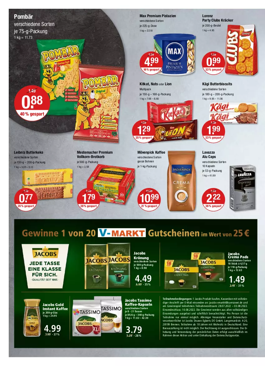 Aktueller Prospekt Vmarkt - V-Markt - von 28.07 bis 03.08.2022 - strona 8 - produkty: beutel, bohne, bohnen, brot, Brotkorb, butter, butterkeks, Cap, crema pads, erde, gewinnspiel, gutschein, gutscheine, jacobs, Jacobs Crema, Jacobs Gold, jacobs krönung, jacobs tassimo, kaffee, kaffee-kapseln, Kägi, keks, kitkat, korb, korn, lavazza, leibniz, LG, lion, lorenz, mac, mestemacher, mövenpick, mövenpick kaffee, pistazien, rwe, sim, tasse, tassimo, Ti