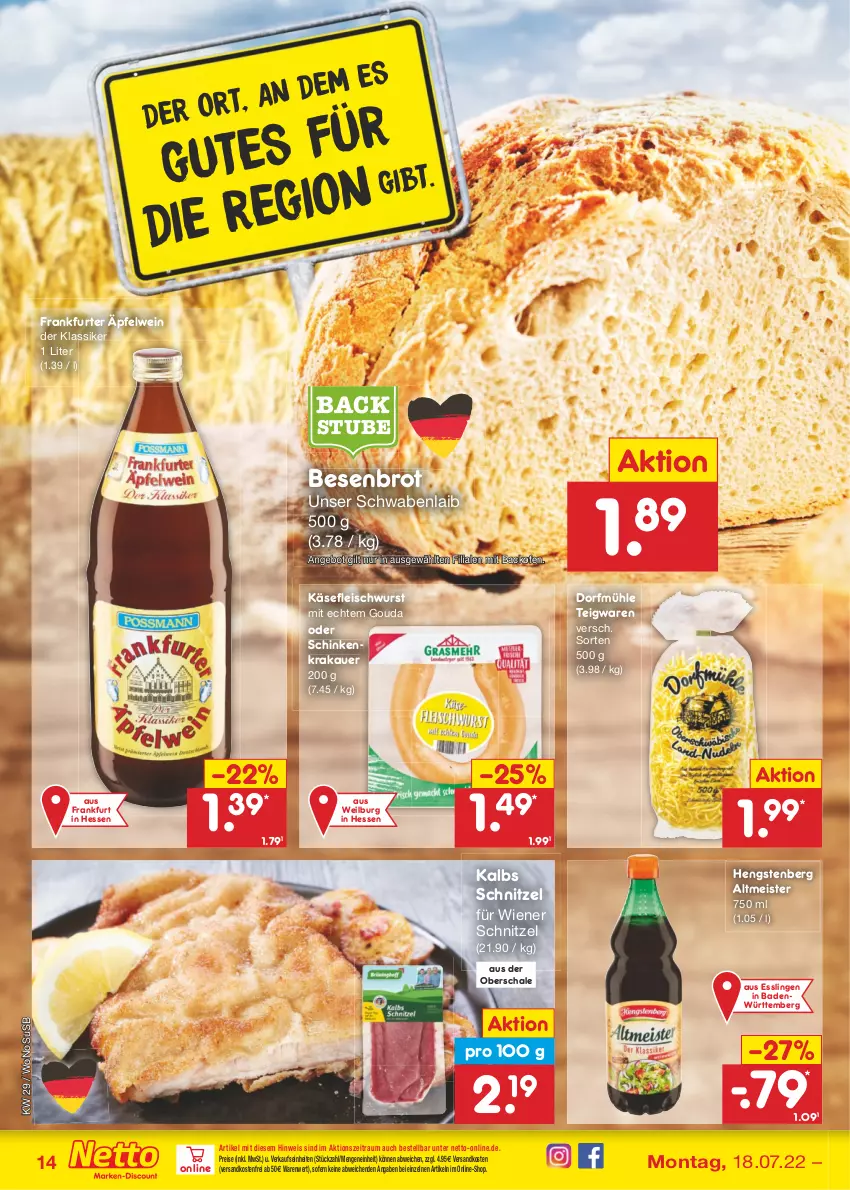 Aktueller Prospekt Netto Marken-Discount - Filial-Angebote - von 18.07 bis 23.07.2022 - strona 14 - produkty: angebot, auer, backofen, Bad, brot, eis, fleisch, fleischwurst, frankfurter, gouda, hengstenberg, Hengstenberg Altmeister, Käse, krakauer, Meister, ndk, Ofen, reis, Schal, Schale, schinken, schinkenkrakauer, schnitzel, stube, teigwaren, Ti, usb, versandkostenfrei, wein, wiener, wurst