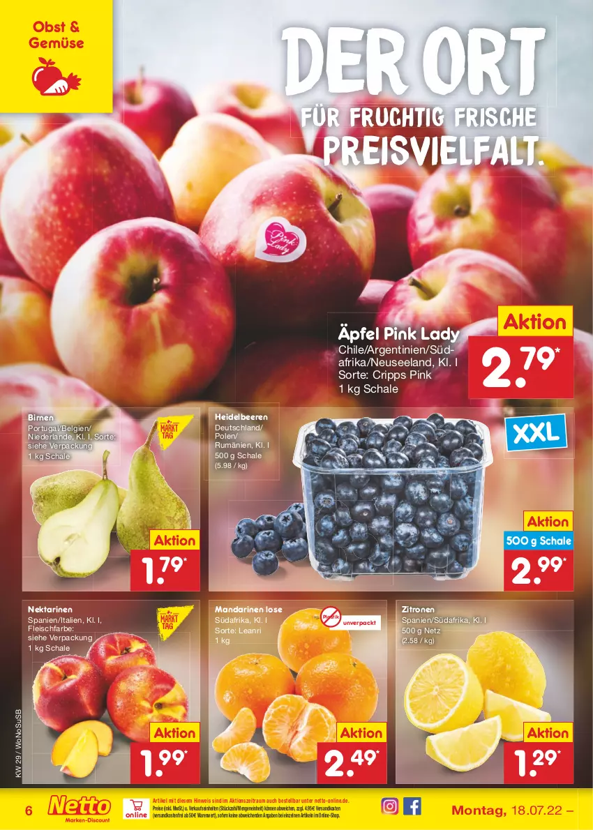 Aktueller Prospekt Netto Marken-Discount - Filial-Angebote - von 18.07 bis 23.07.2022 - strona 6 - produkty: asti, beere, beeren, Birnen, eis, Elan, fleisch, frucht, heidelbeere, heidelbeeren, LG, mandarine, mandarinen, ndk, Nektar, nektarinen, obst, Pink Lady, reis, rum, Schal, Schale, Ti, usb, versandkostenfrei, zitrone, zitronen