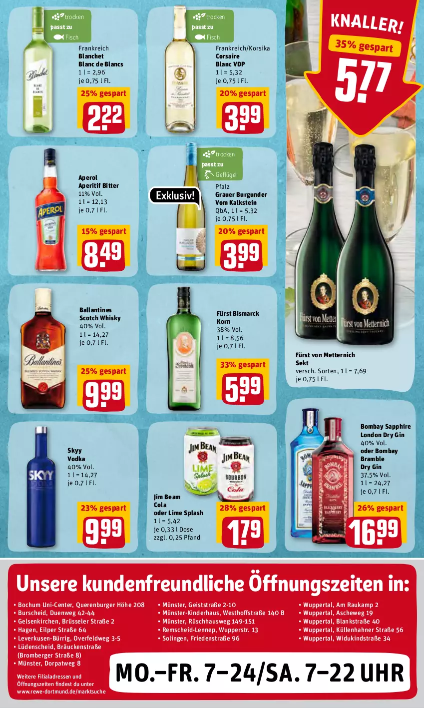 Aktueller Prospekt Rewe - REWE Ihr Kaufpark - von 07.02 bis 12.02.2022 - strona 21 - produkty: aperitif, aperol, auer, ball, Berger, bismarck, bombay sapphire, burger, burgunder, cola, Corsaire, de blancs, dry gin, eis, ente, fisch, fürst von metternich, Geflügel, gin, grauer burgunder, jim beam, Kinder, korn, london dry, london dry gin, Mett, metternich, sapphire, scotch, scotch whisky, sekt, skyy, Skyy Vodka, Ti, uhr, vodka, whisky